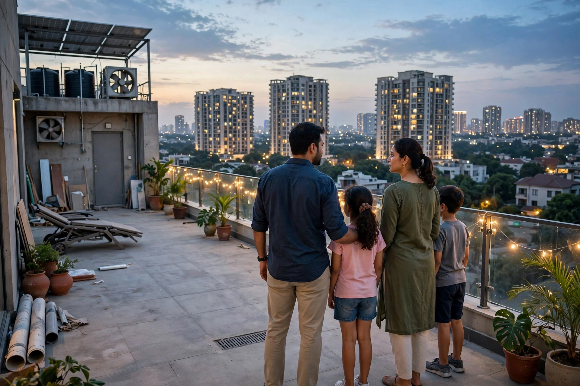 Family on Gurugram rooftop terrace at dusk