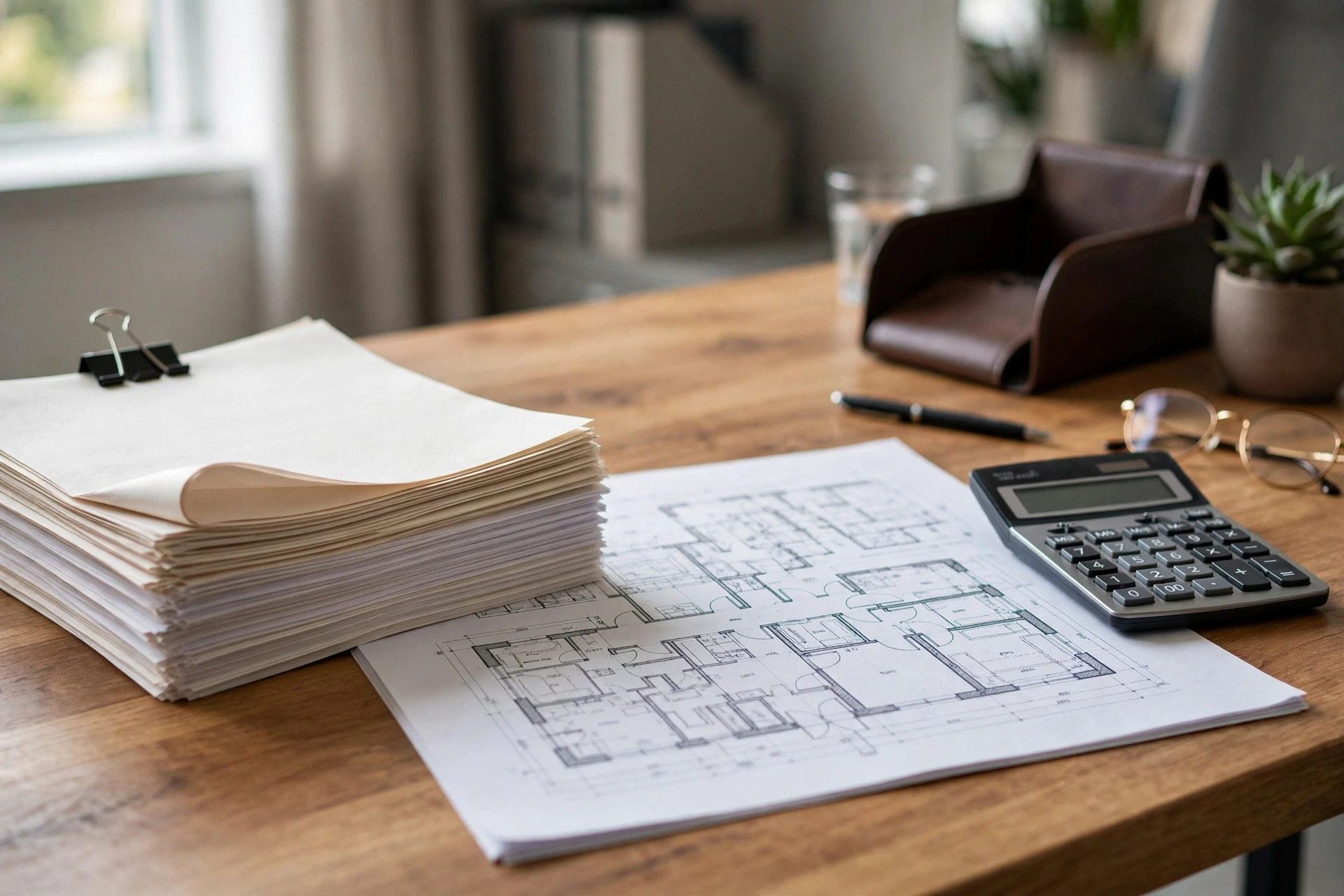 Lawyer's desk with property documents and calculator