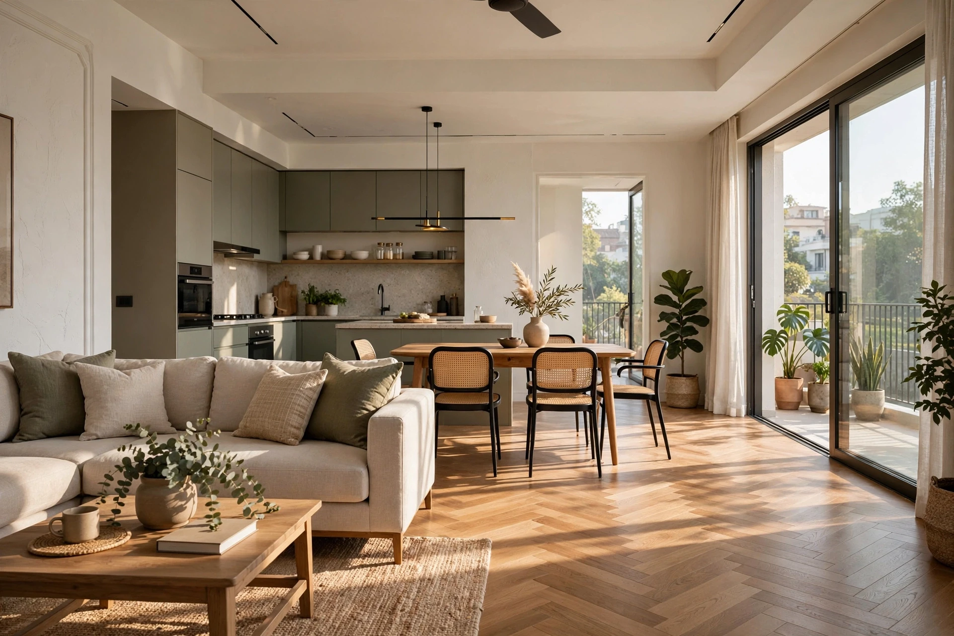 Sunlit open-plan living room in Gurugram builder floor
