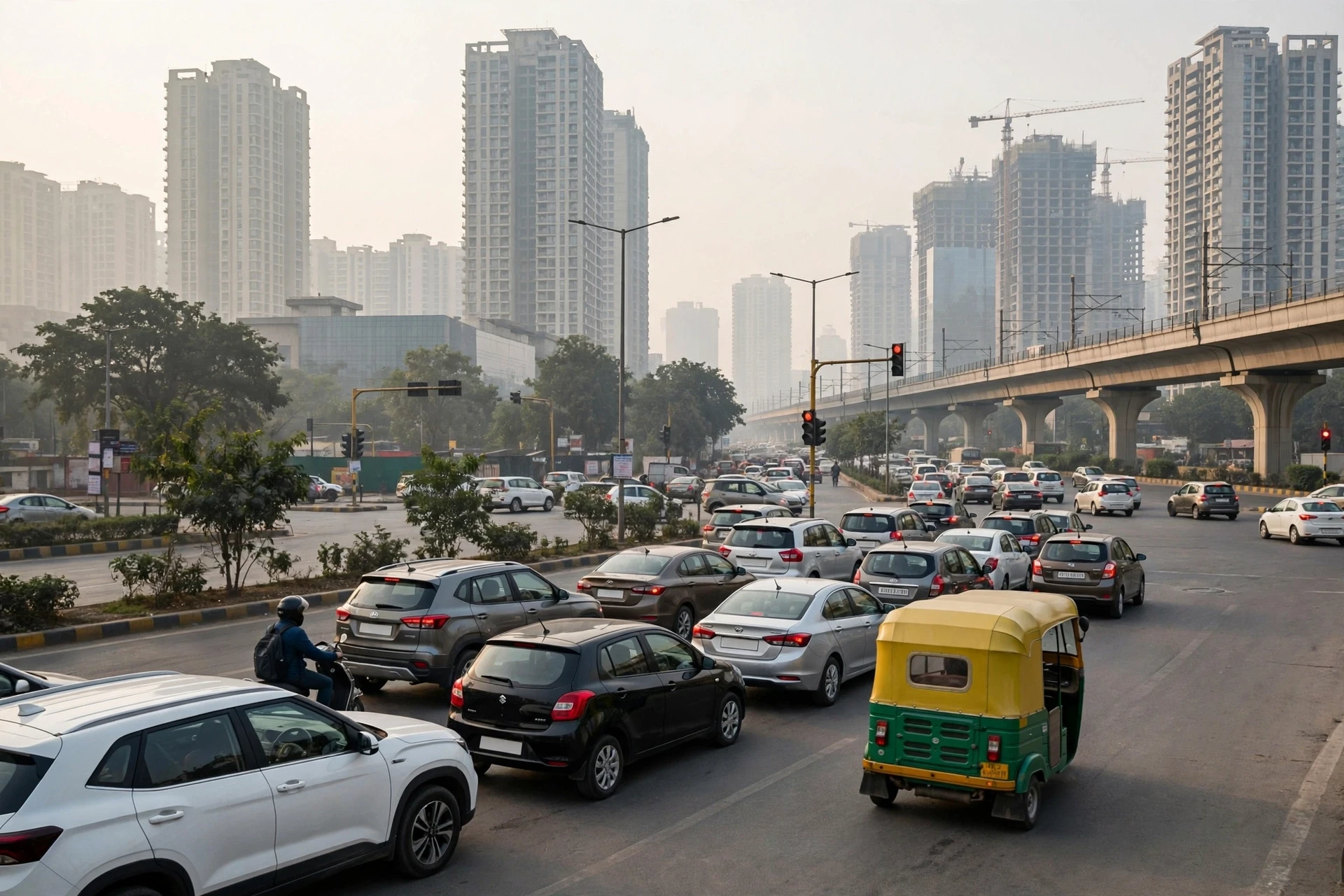Morning traffic queue at Gurgaon intersection