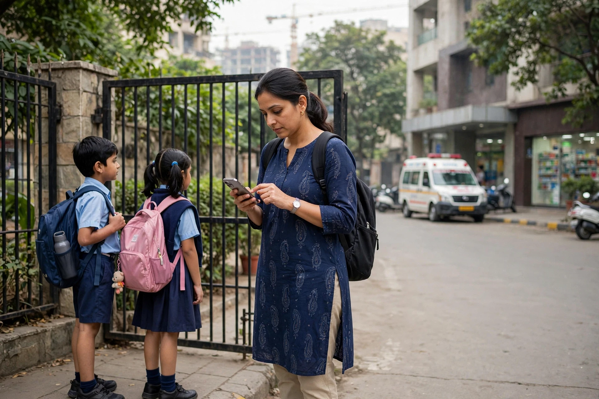 Parent checking phone outside Gurgaon school gate