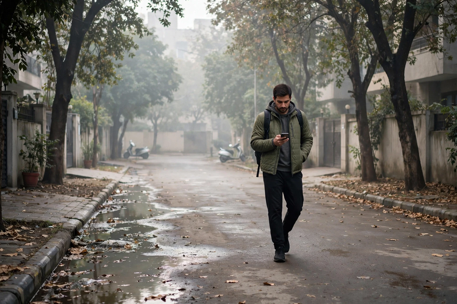 Person checking phone on hazy residential lane
