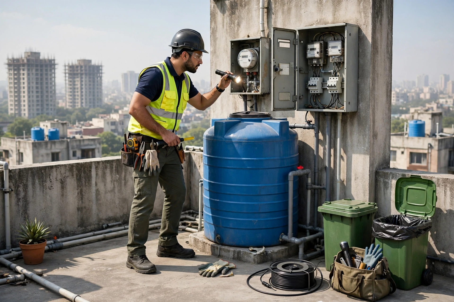 Home inspector checking rooftop water tank and meter