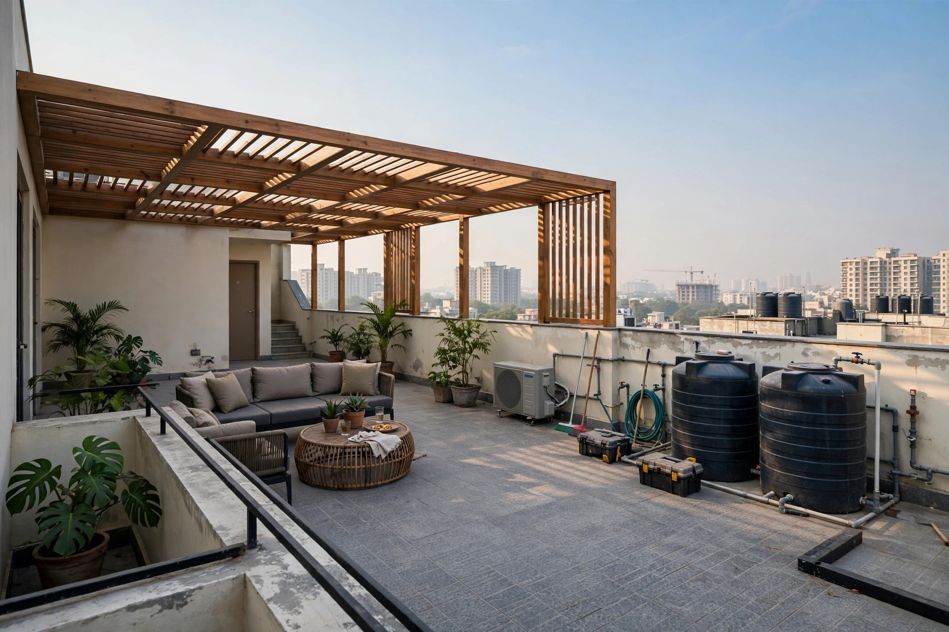 Rooftop terrace with pergola and water tanks