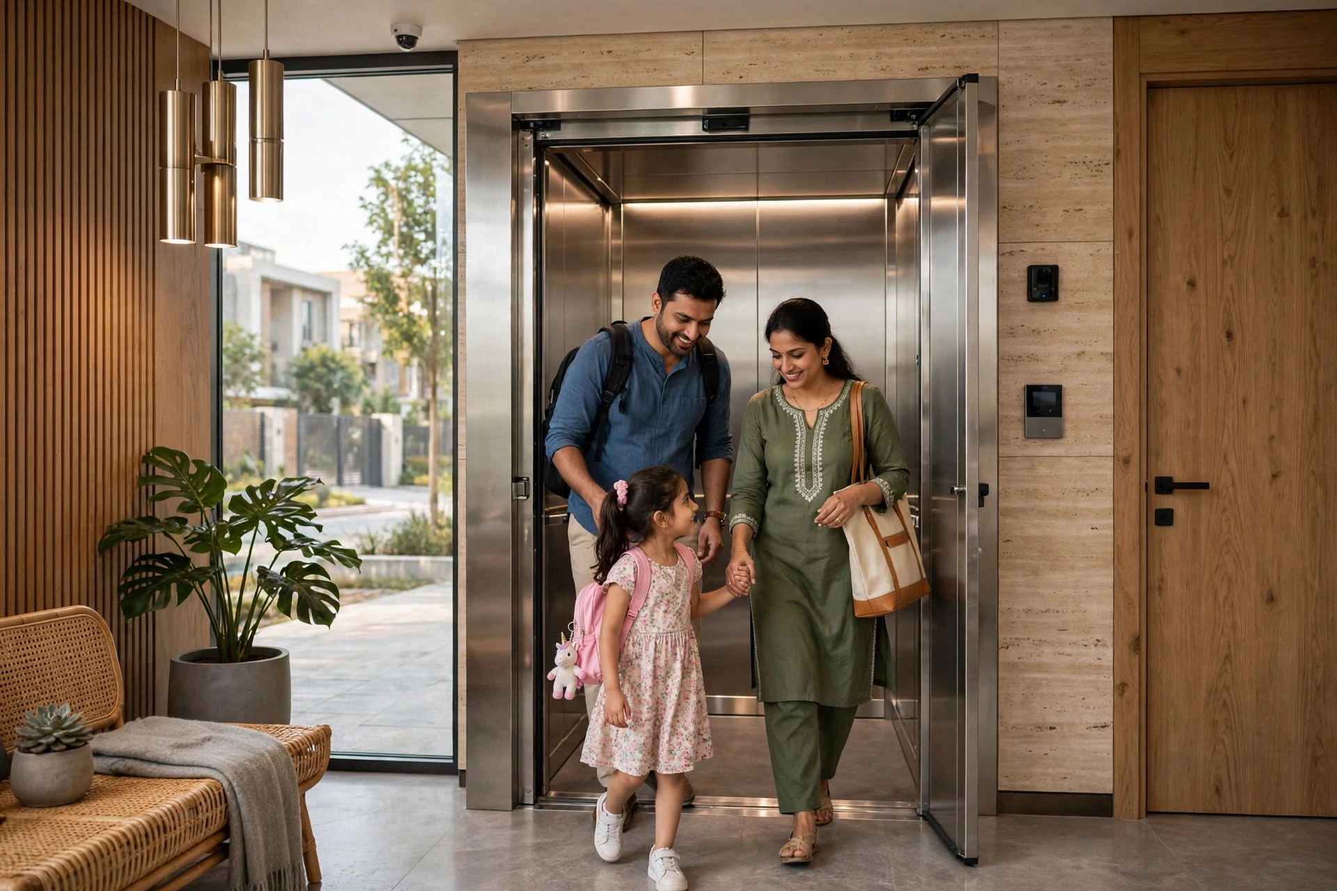 Family entering private lift lobby of luxury builder floor