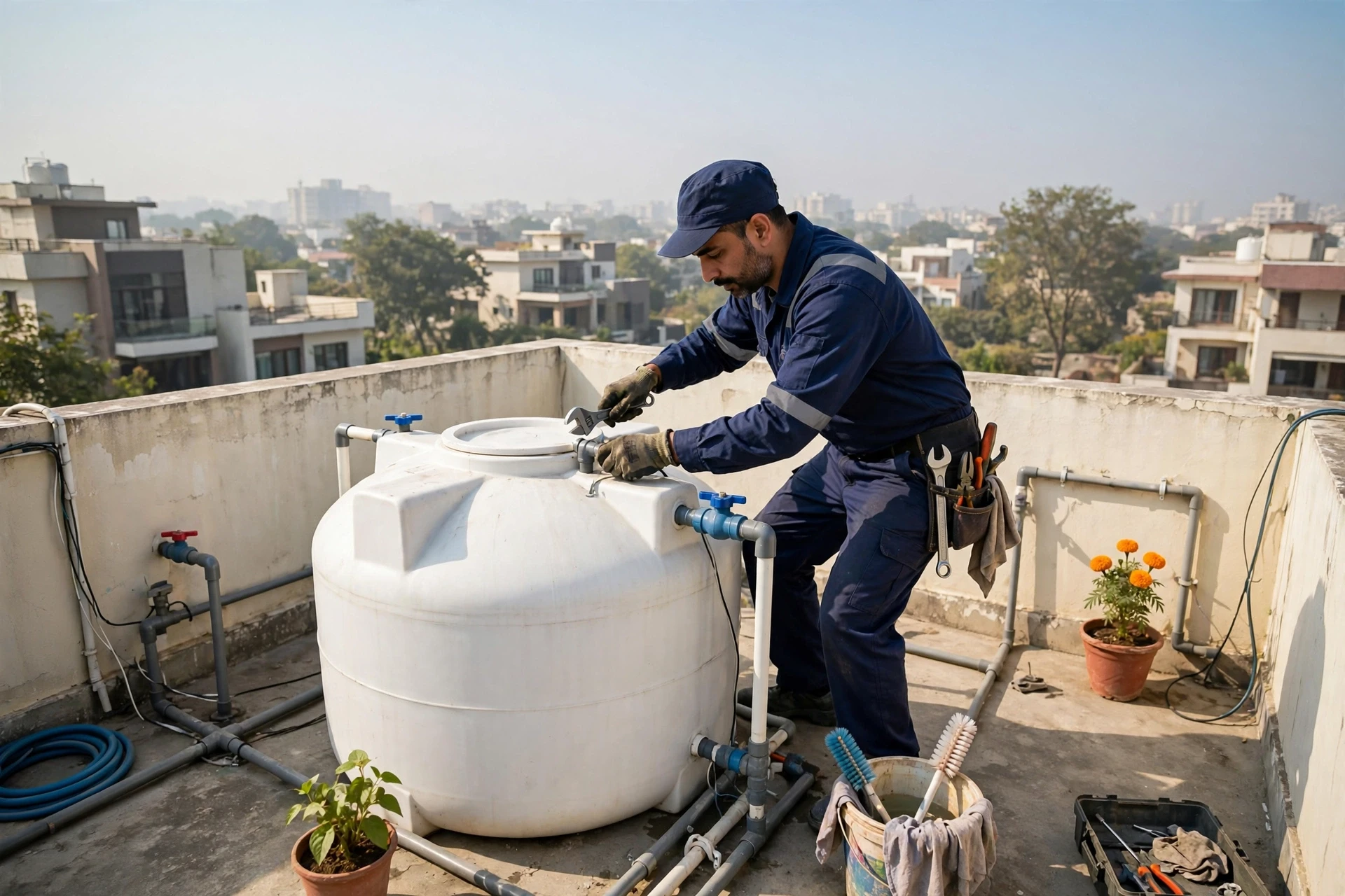 Worker servicing villa rooftop water tank