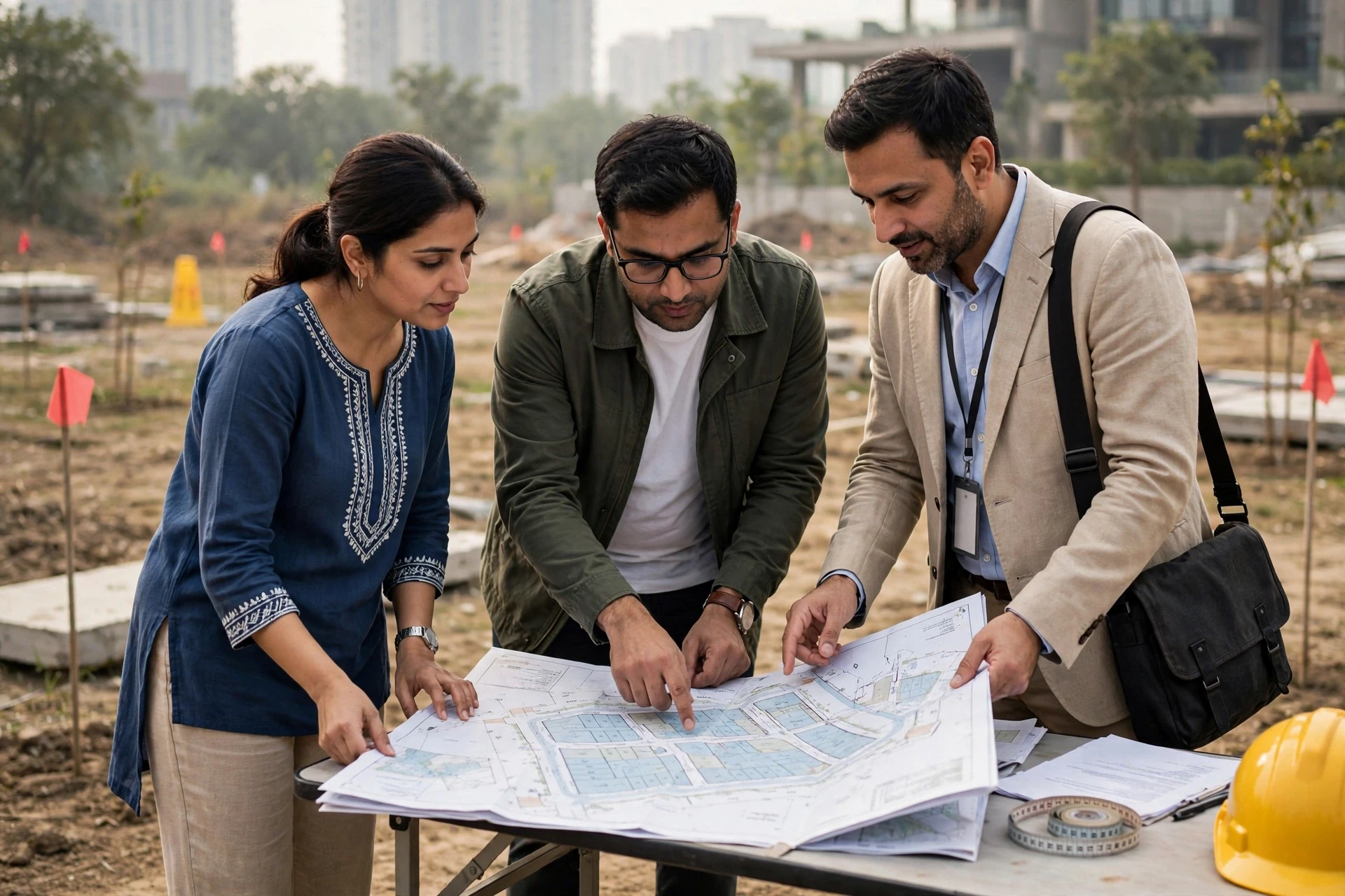 Couple reviewing plot map with property advisor