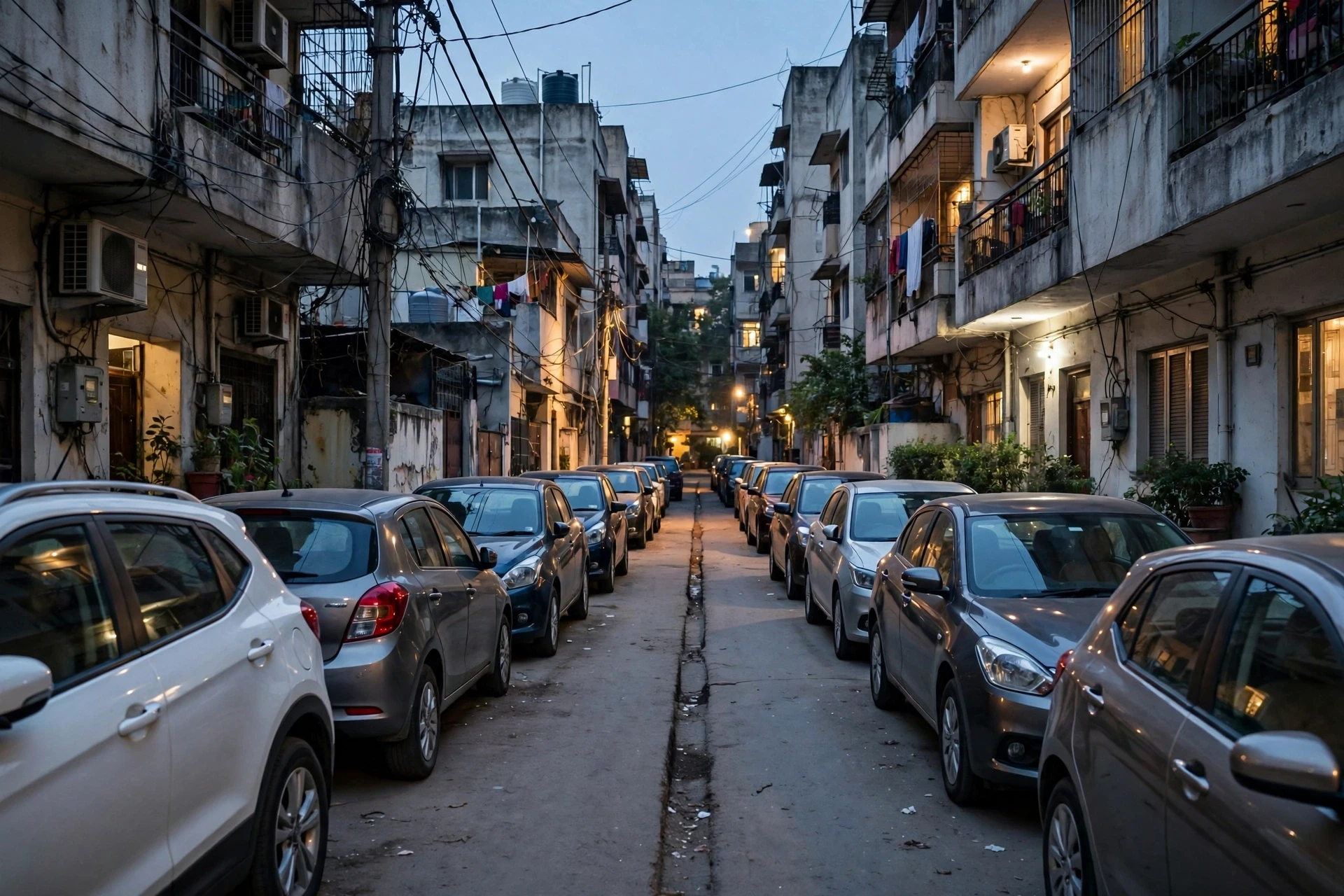 Narrow Gurgaon lane with parked cars at dusk