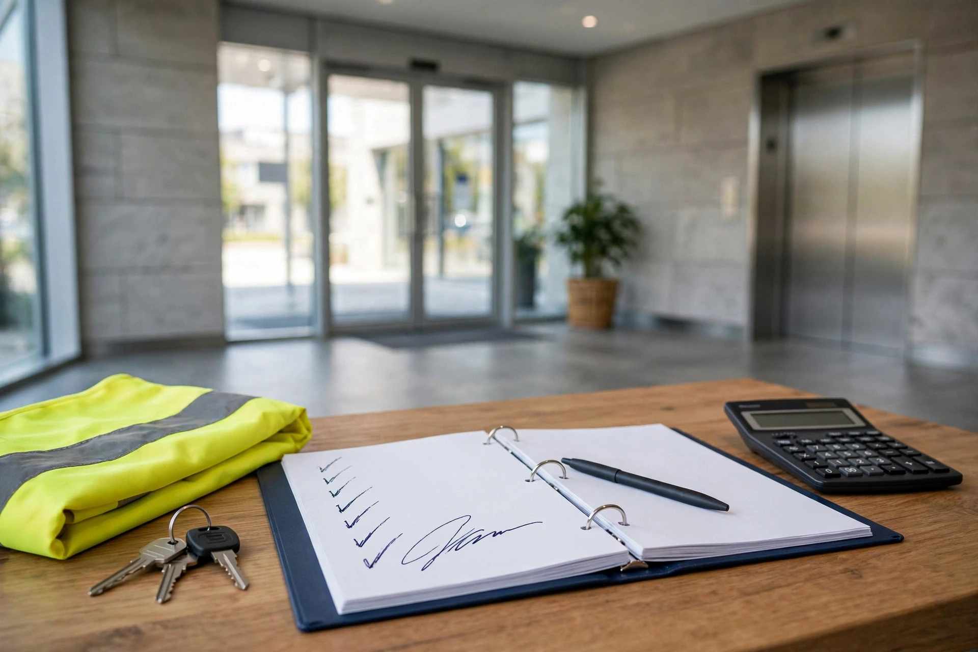 Signed maintenance register and calculator on table