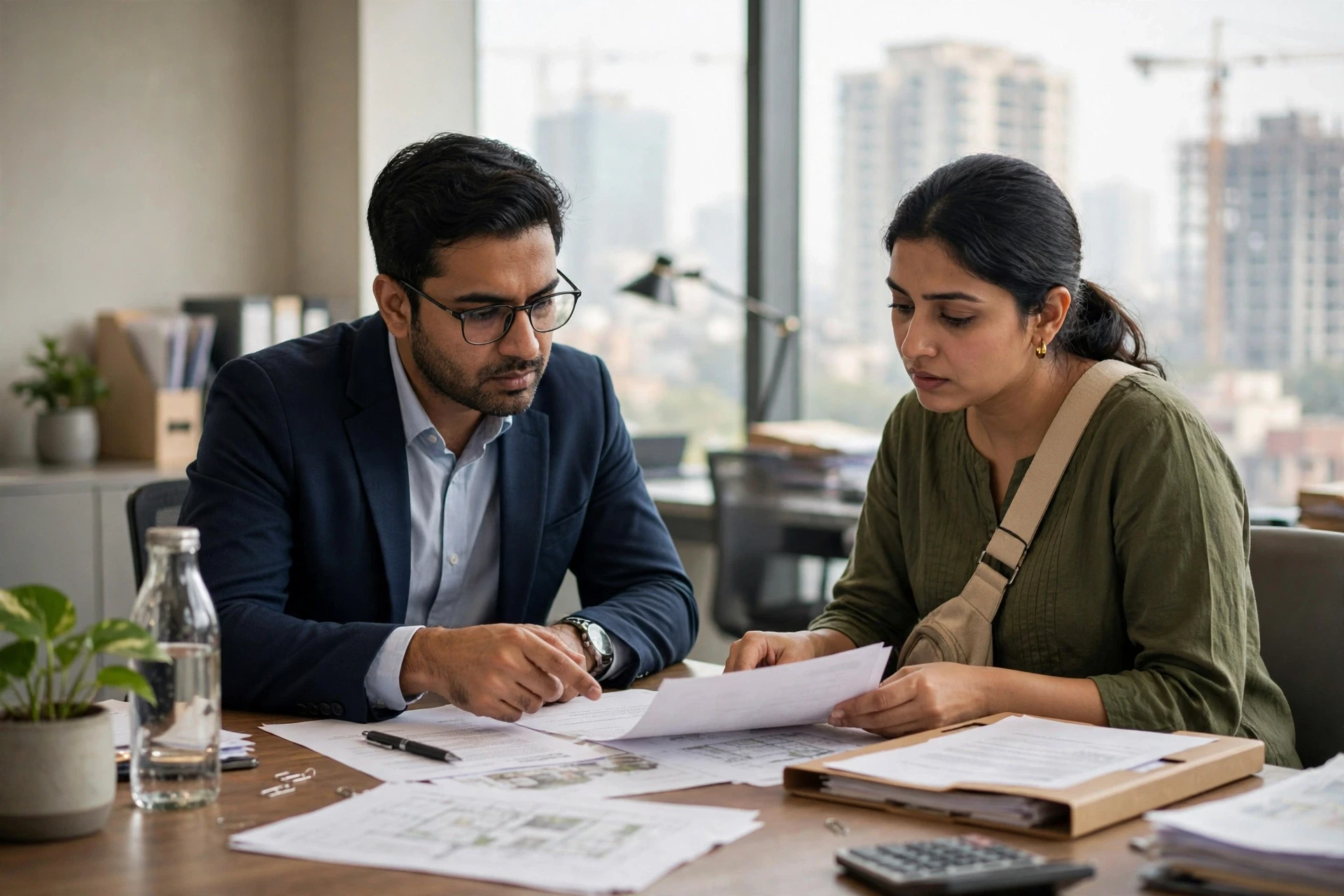 Loan officer reviewing property documents with homebuyer