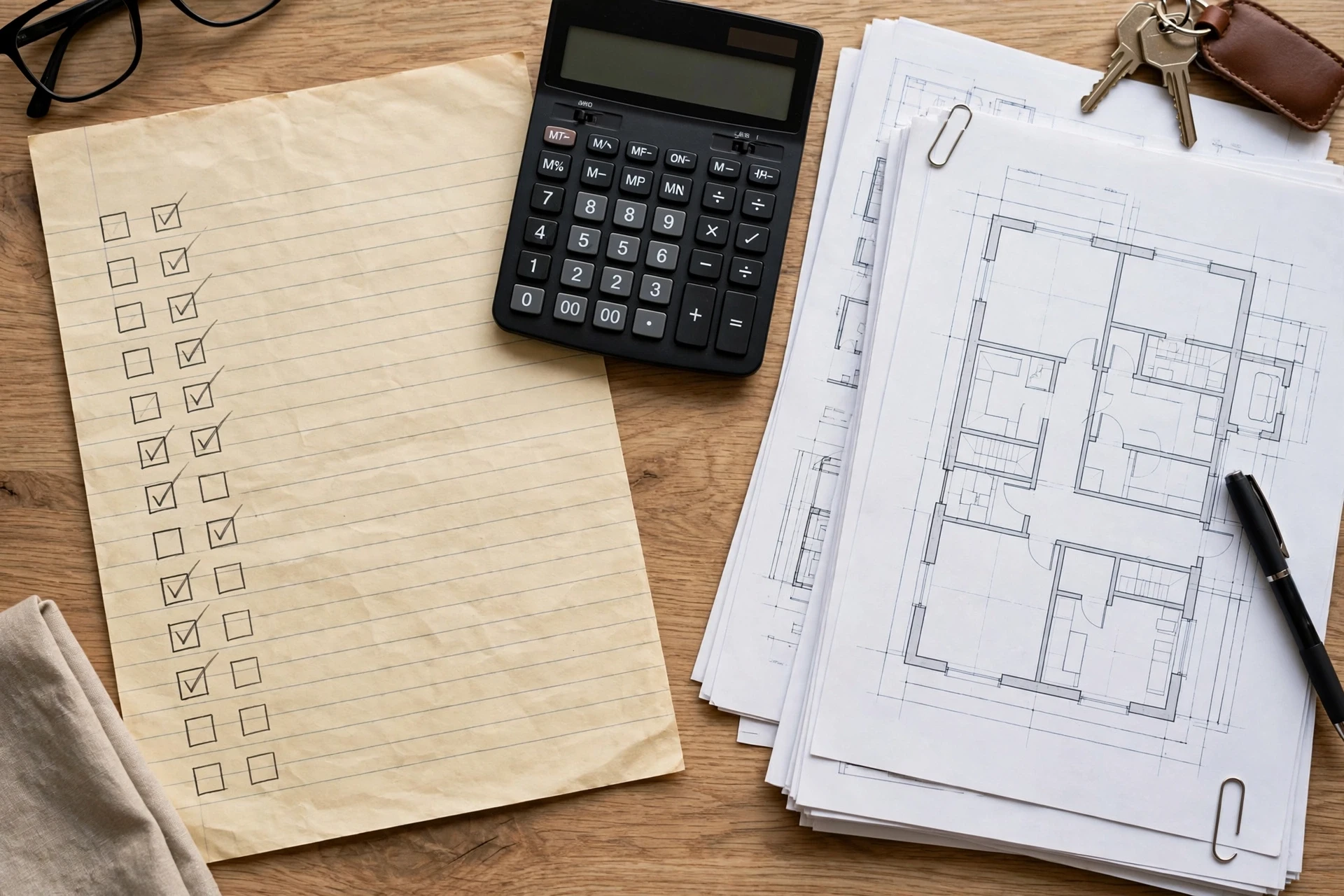 Handwritten checklist beside calculator and property documents