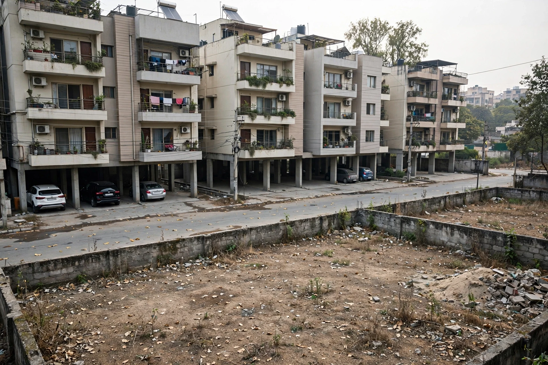 Empty plot across a quiet Gurgaon lane