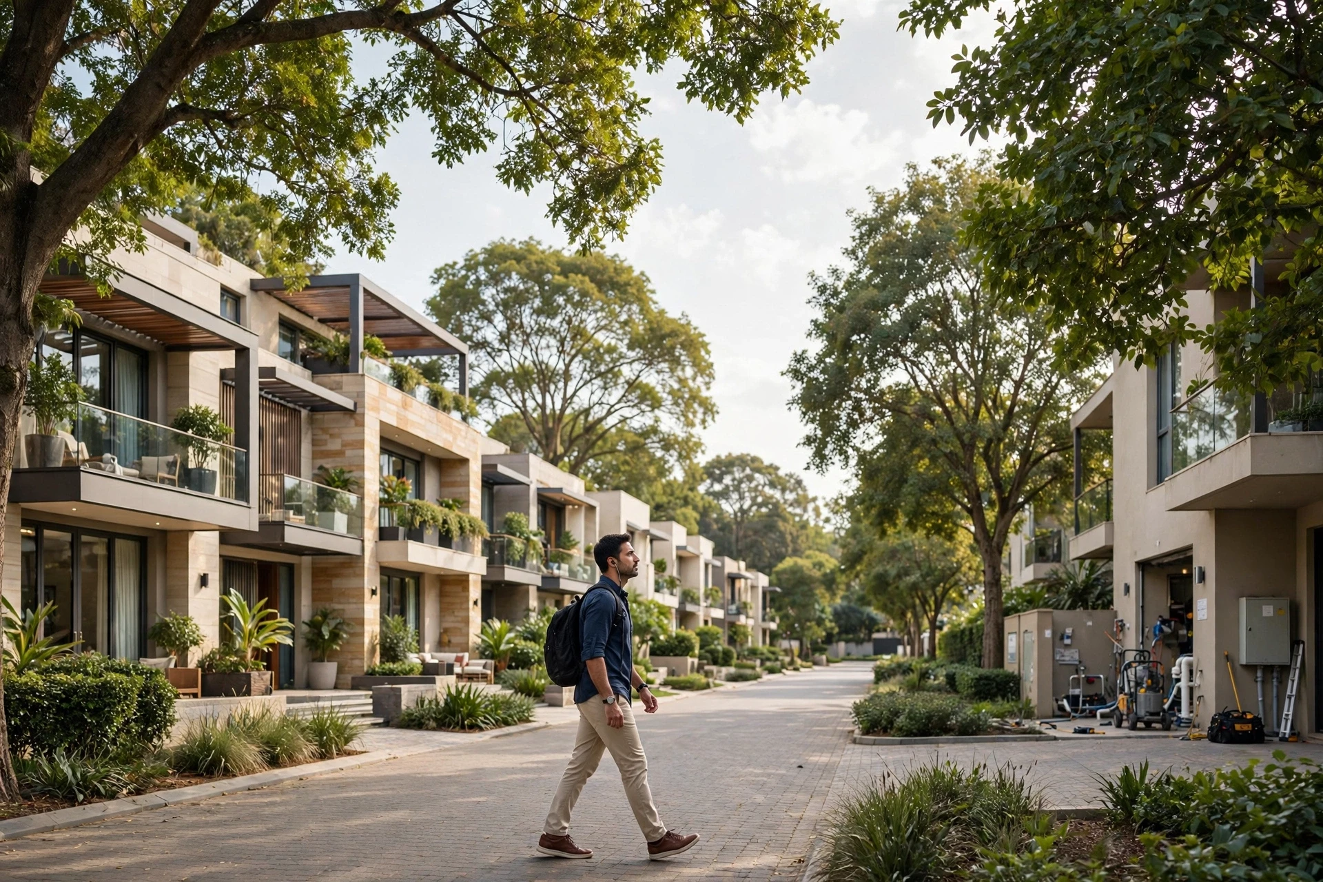 Resident walking tree-lined low-rise township avenue