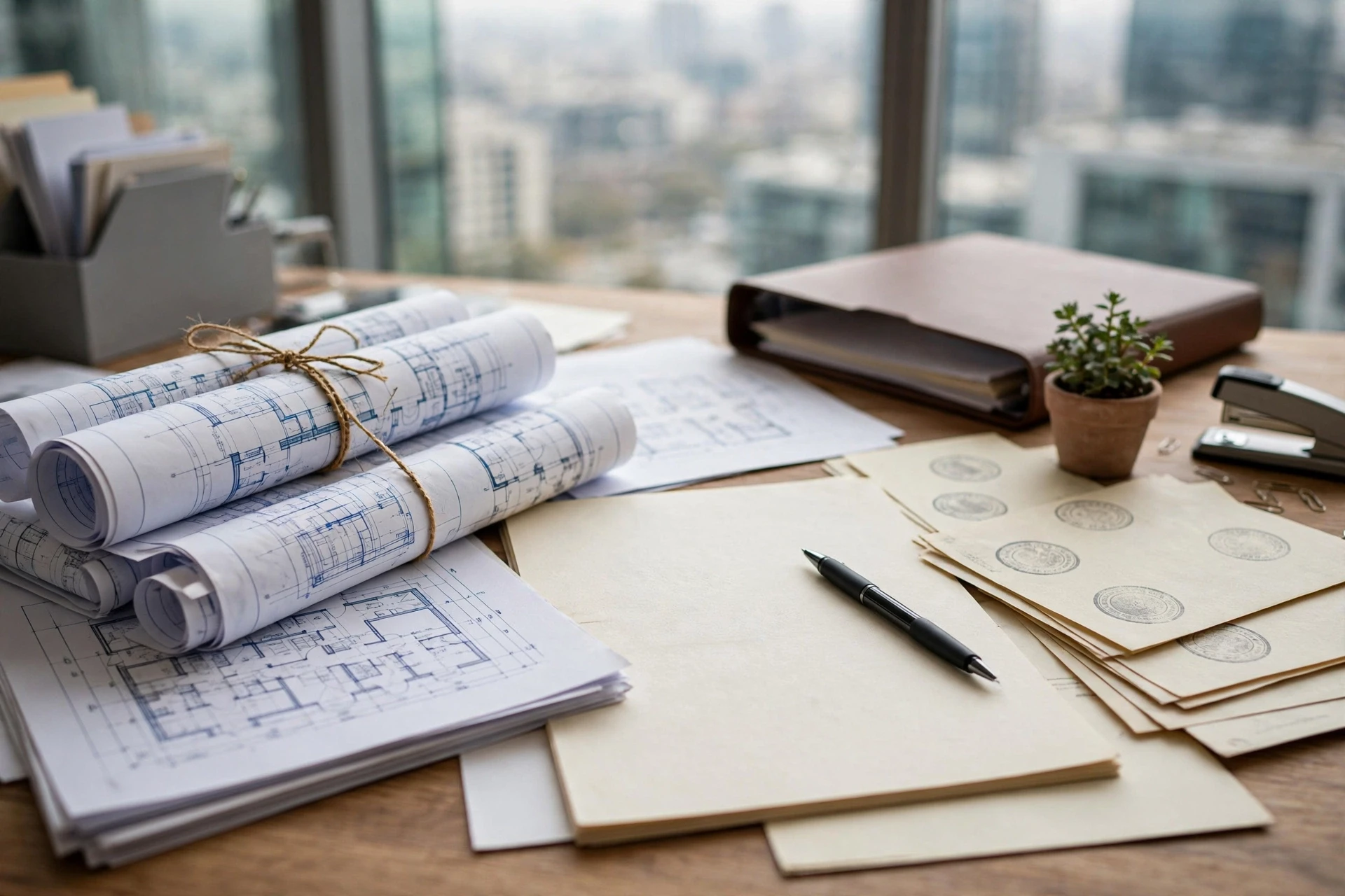 Sanctioned building plans and conveyance deed on desk