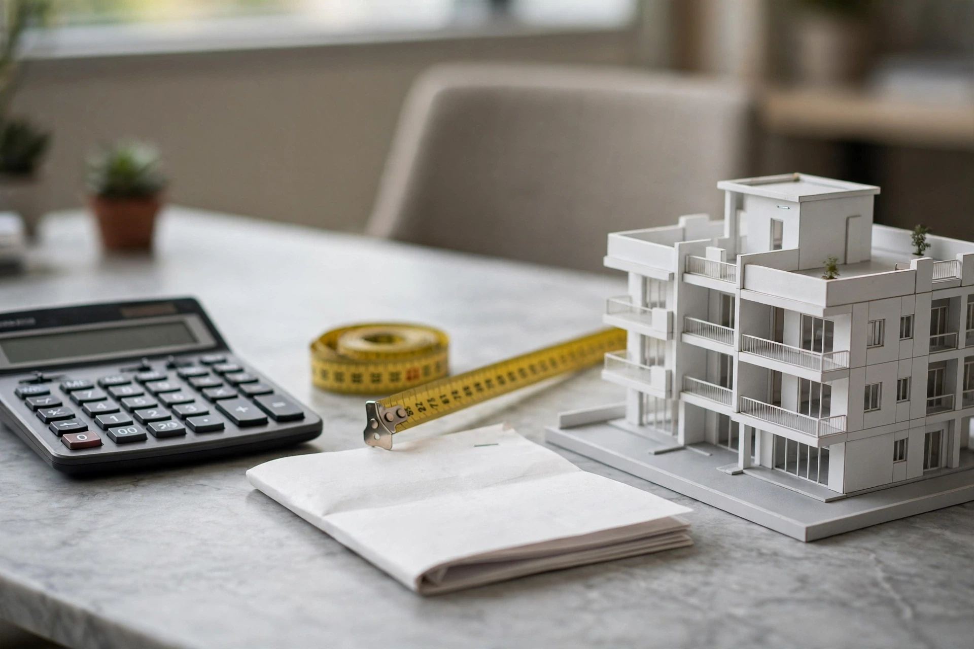 Calculator and sale deed on marble table