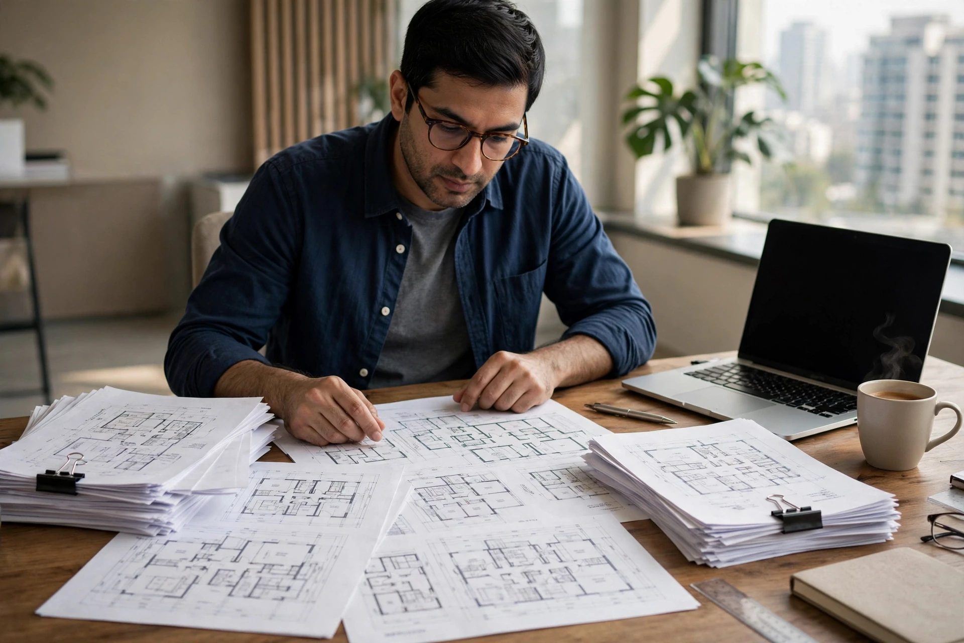 Buyer reviewing floor plans and documents