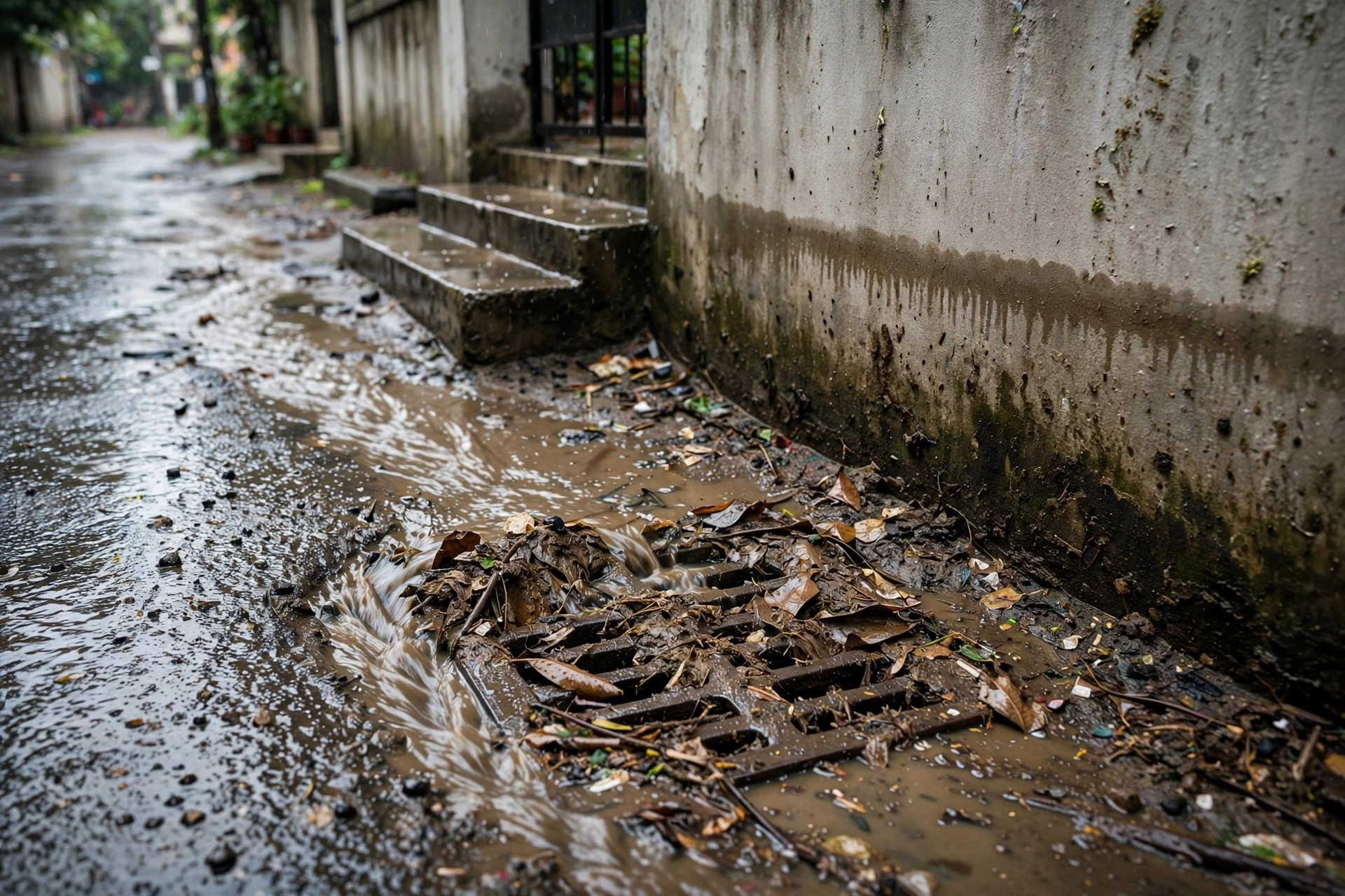 Clogged storm drain and water stains on lane wall