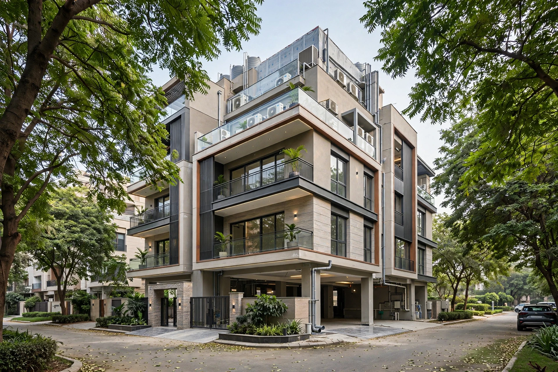 Modern four-storey builder floor exterior in Gurgaon