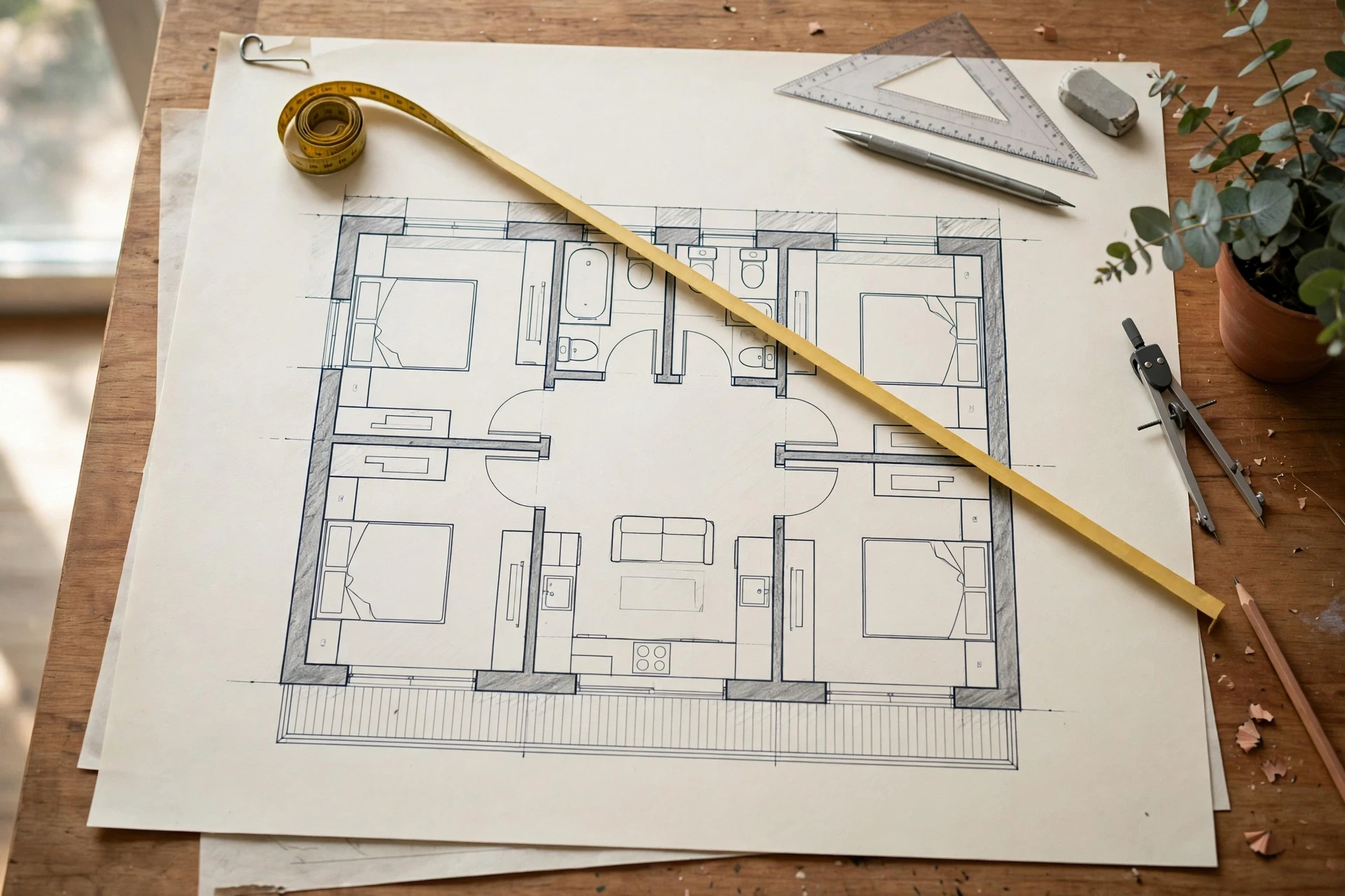 Architect's floor plan with tape measure on drafting table