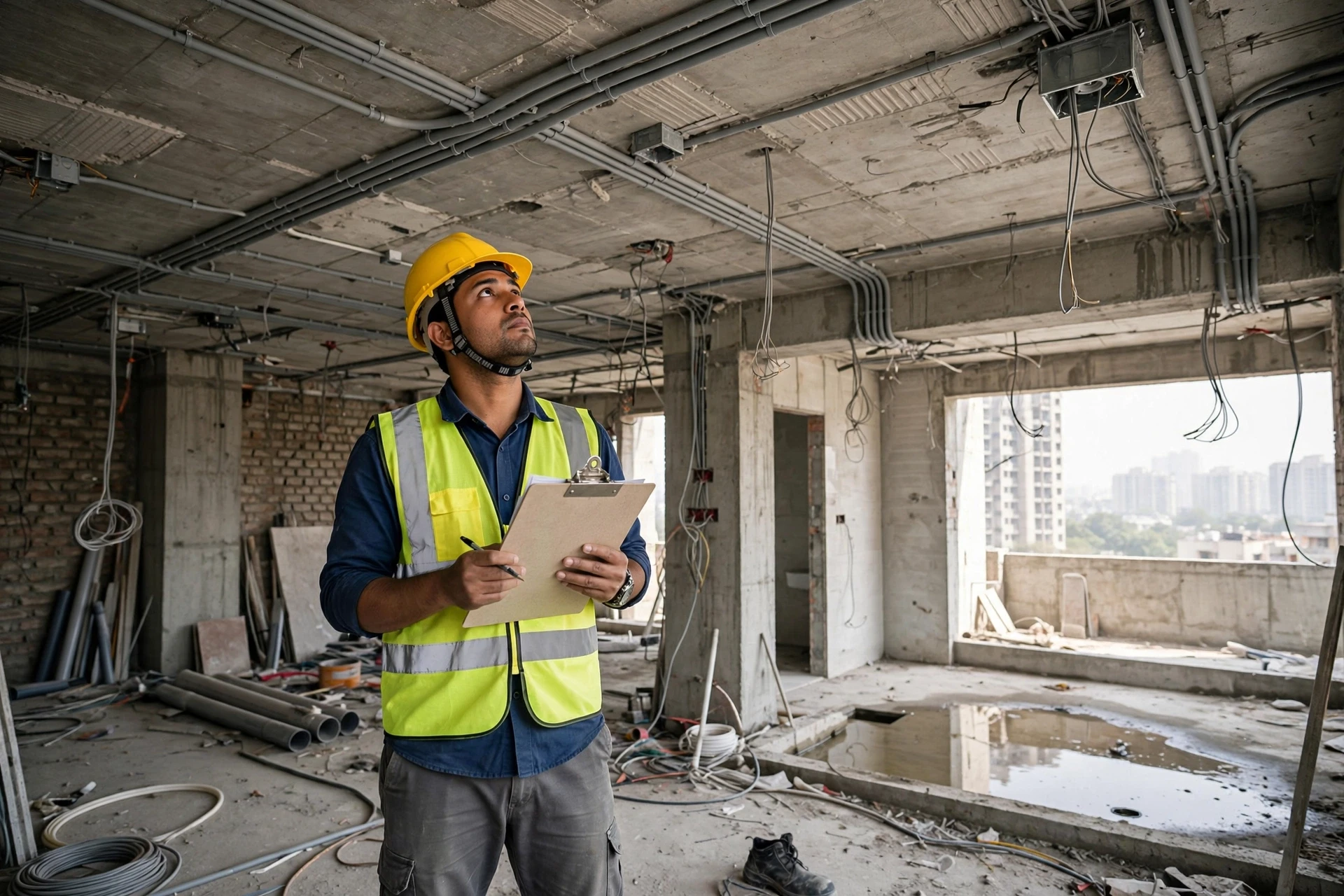 Site engineer inspecting exposed ceiling wiring