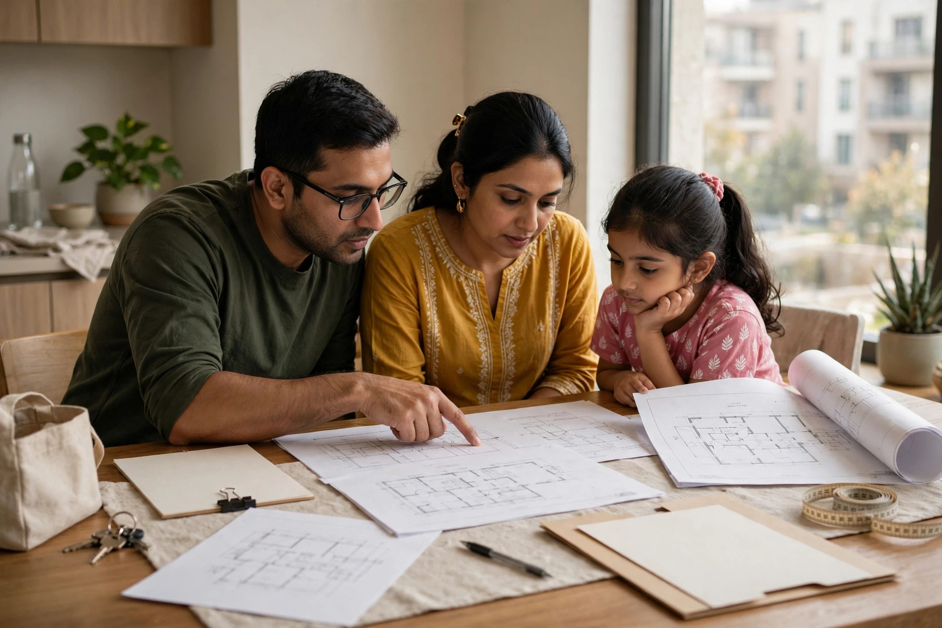 Family reviewing property deed and land documents