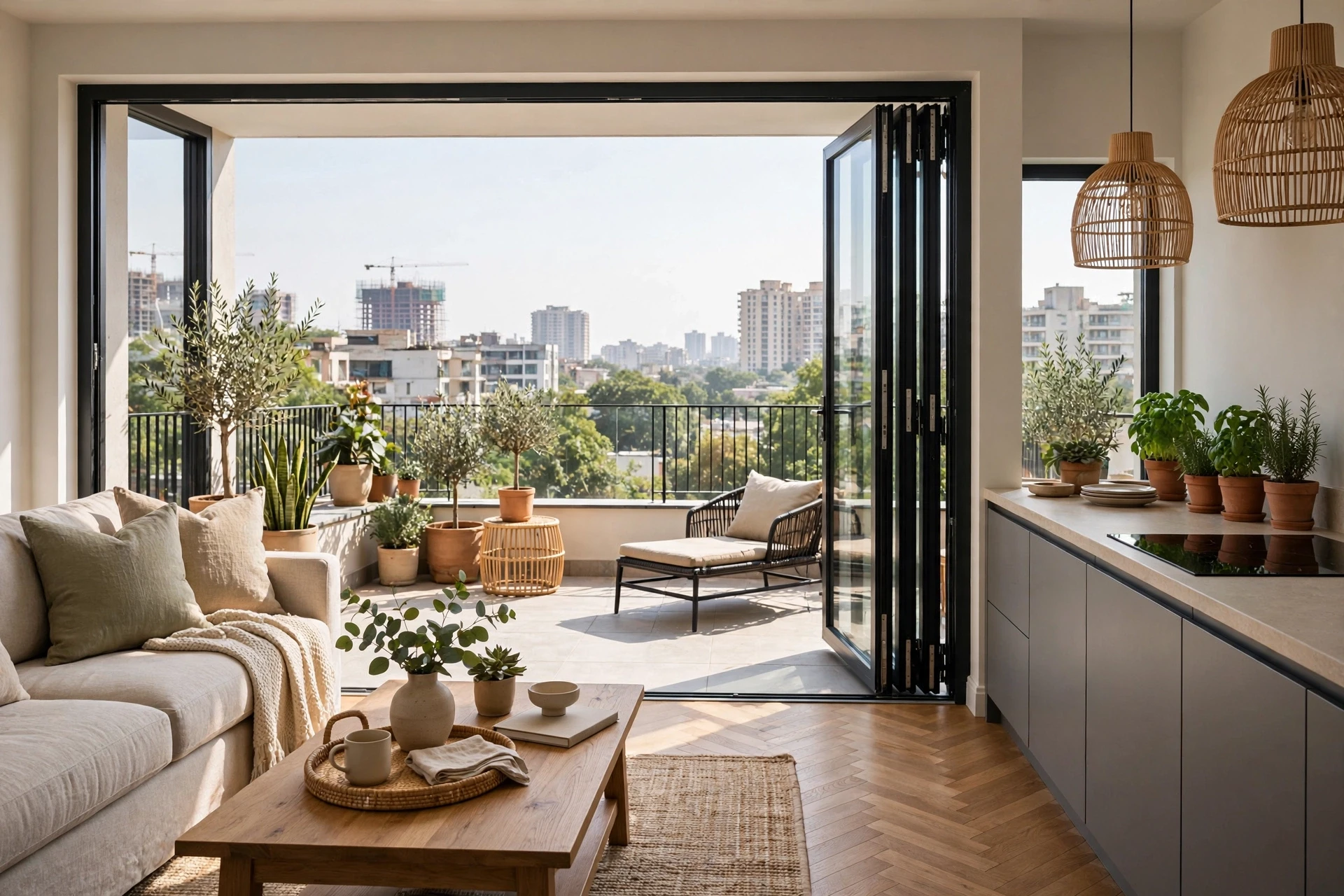 Open-plan builder floor living room with terrace doors