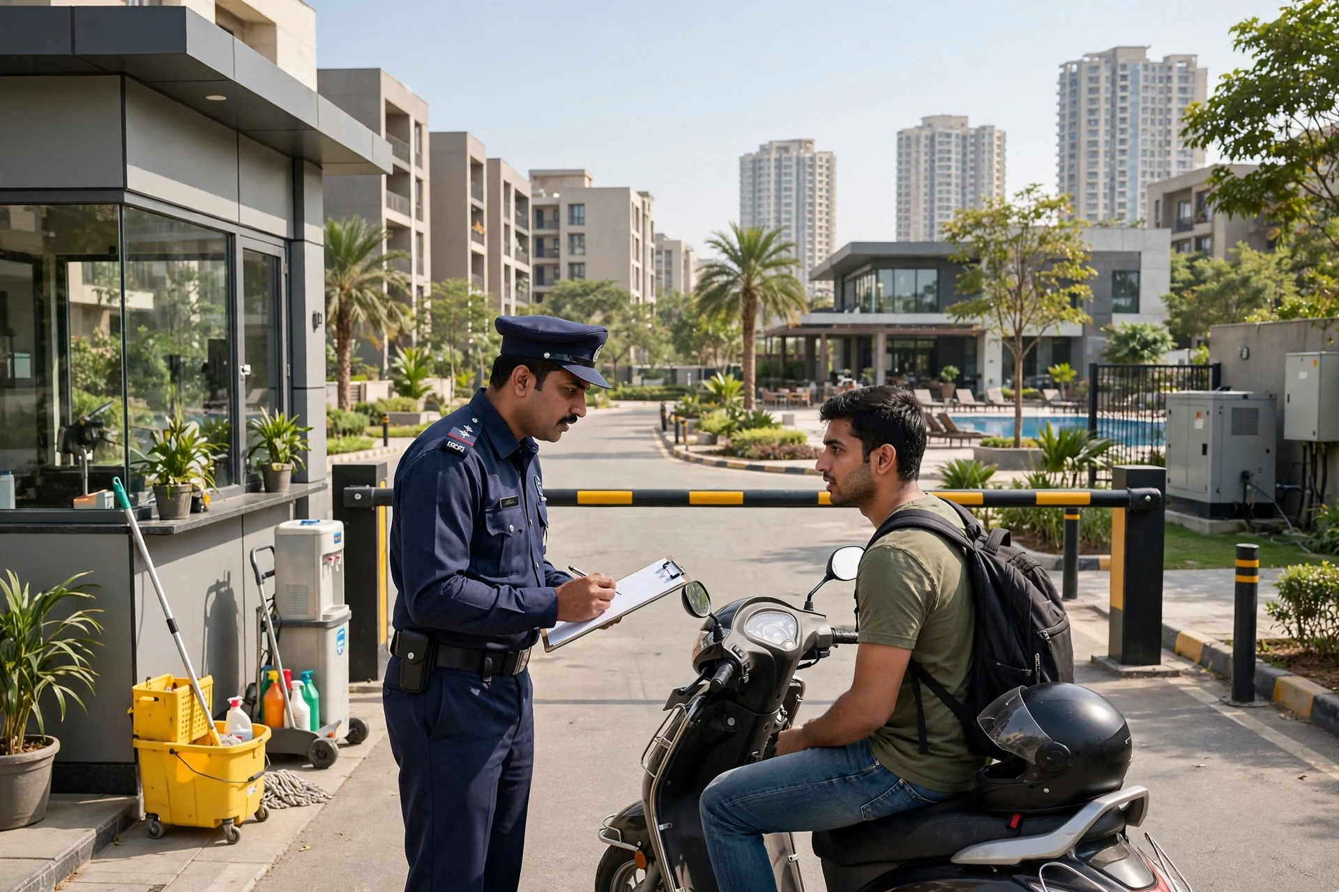 Guard checking visitor entry at society gate
