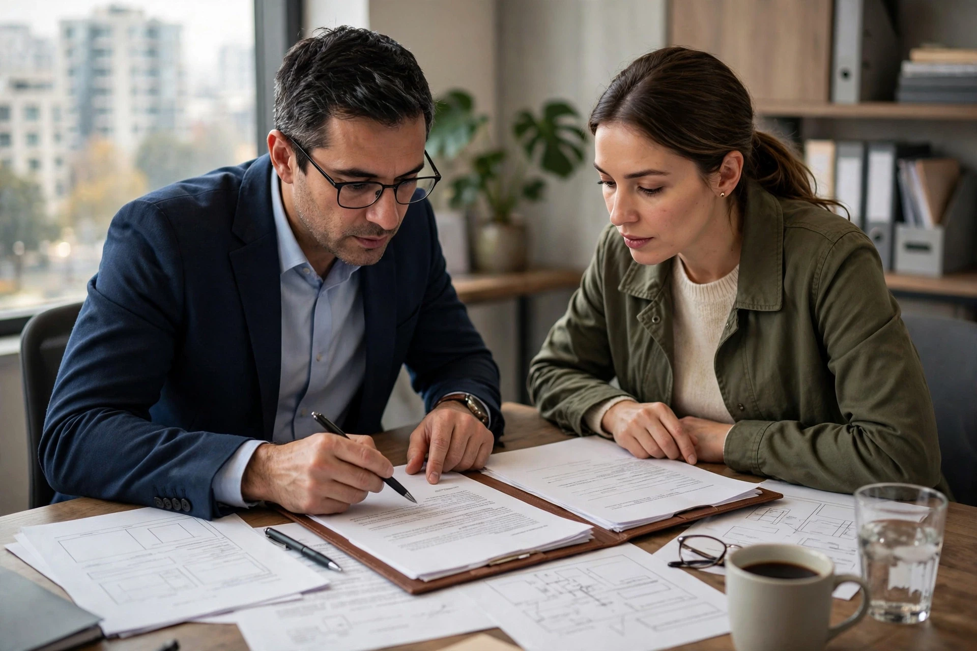 Buyer and lawyer reviewing conveyance deed