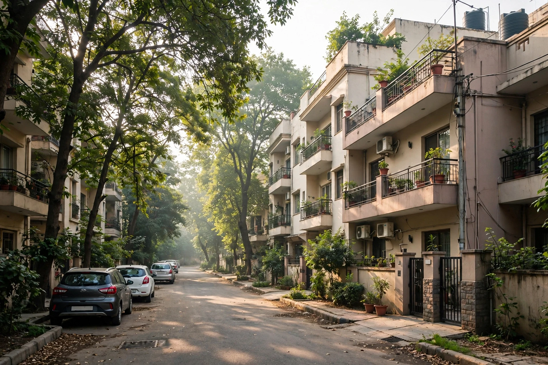 Tree-lined Sector 57 lane with builder floors