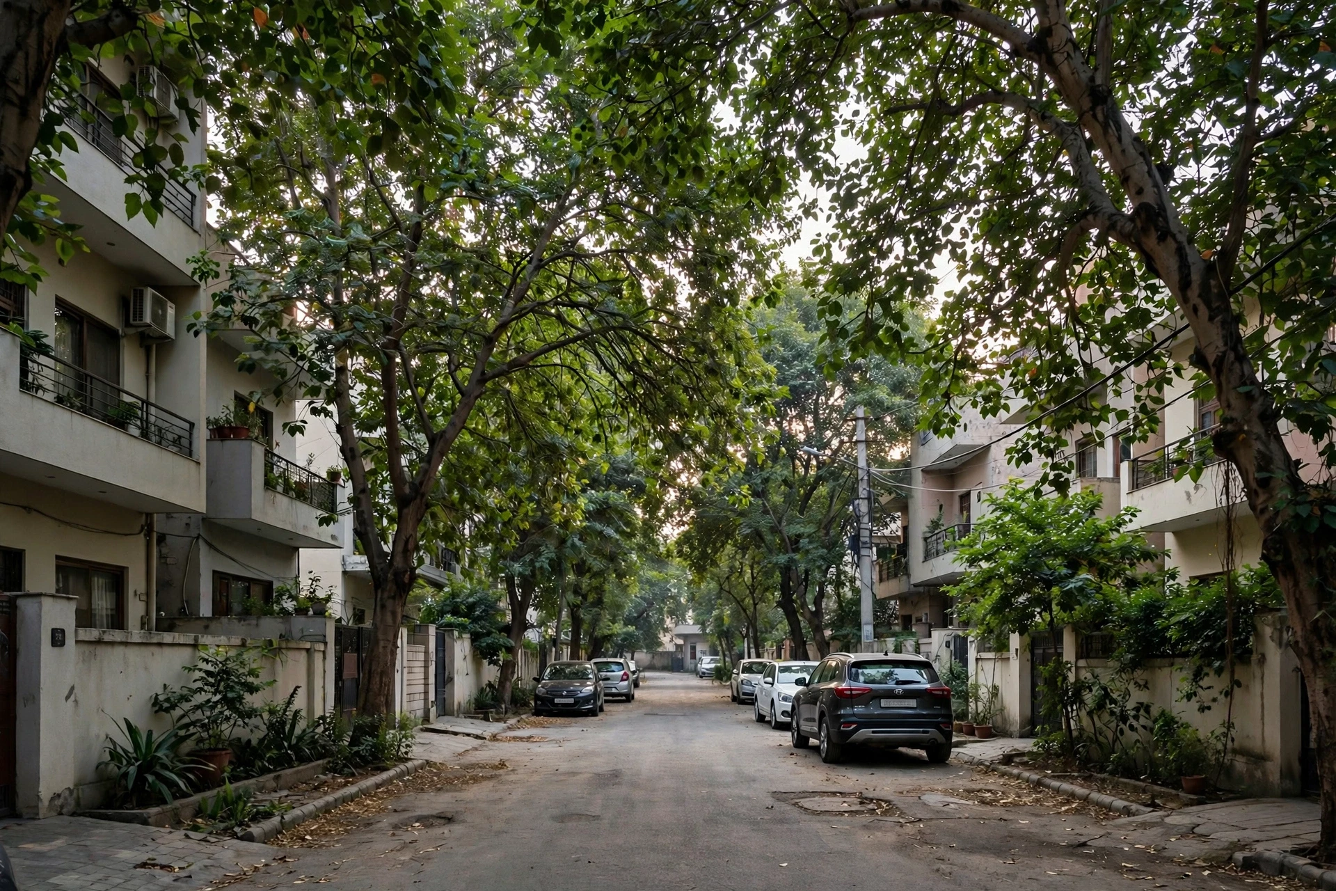 Quiet tree-lined residential lane in Sector 46