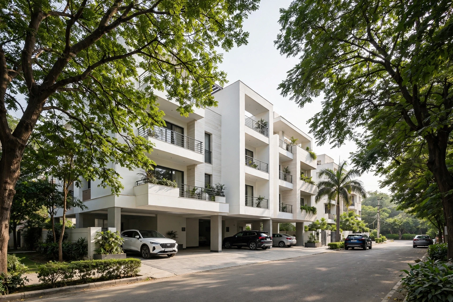Low-rise white home on tree-lined street