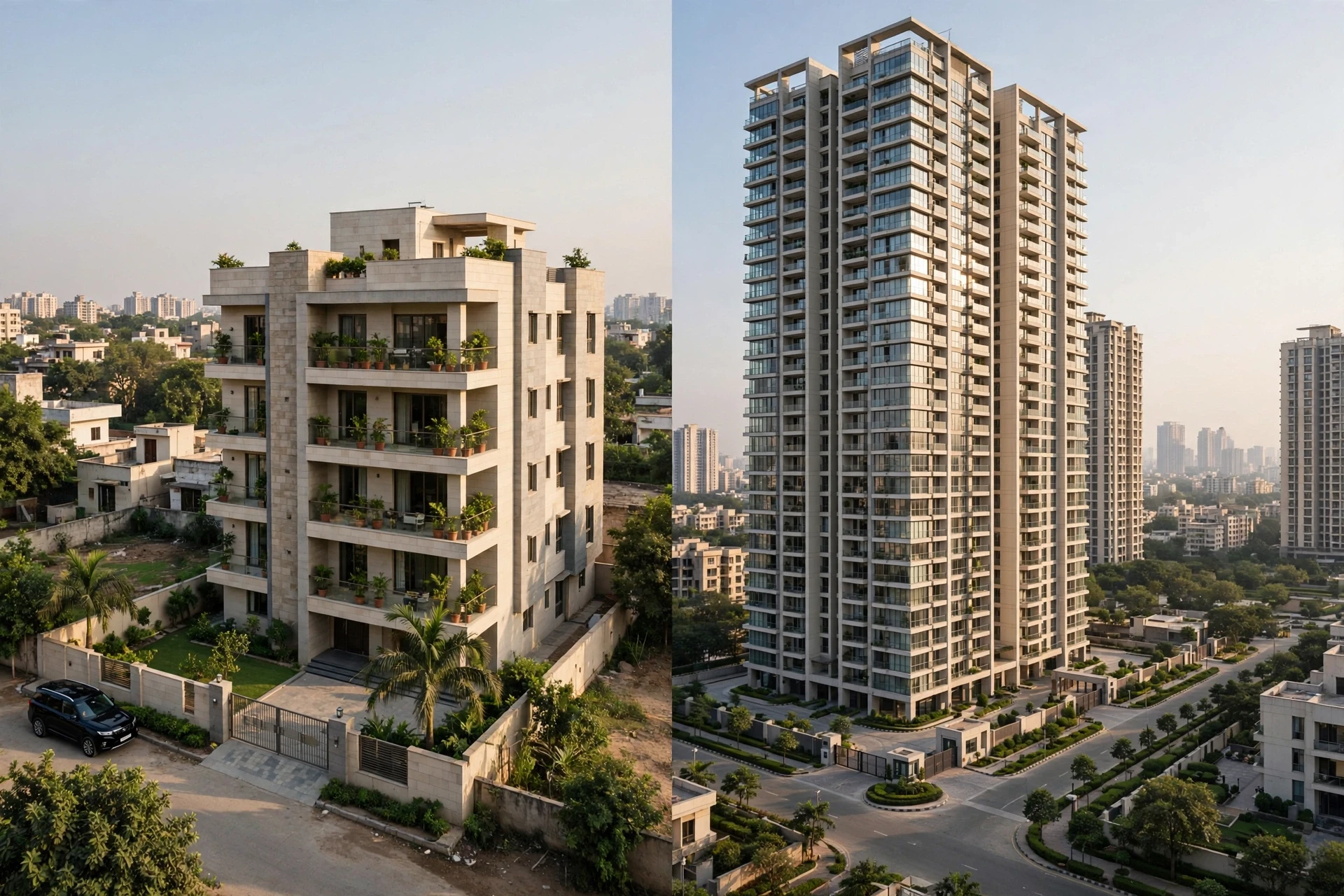 Low-rise builder floor beside high-rise tower