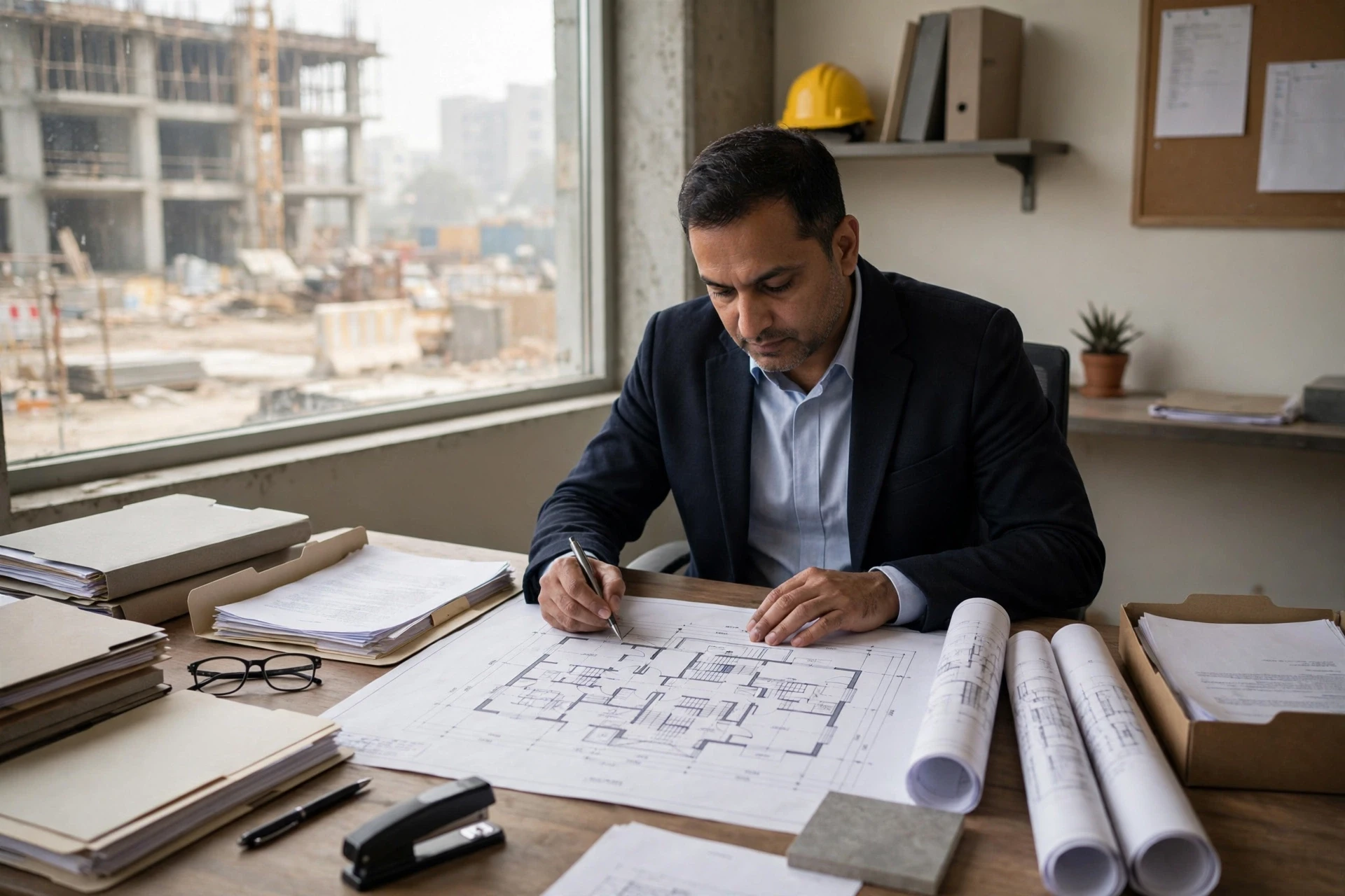 Lawyer reviewing property documents at desk