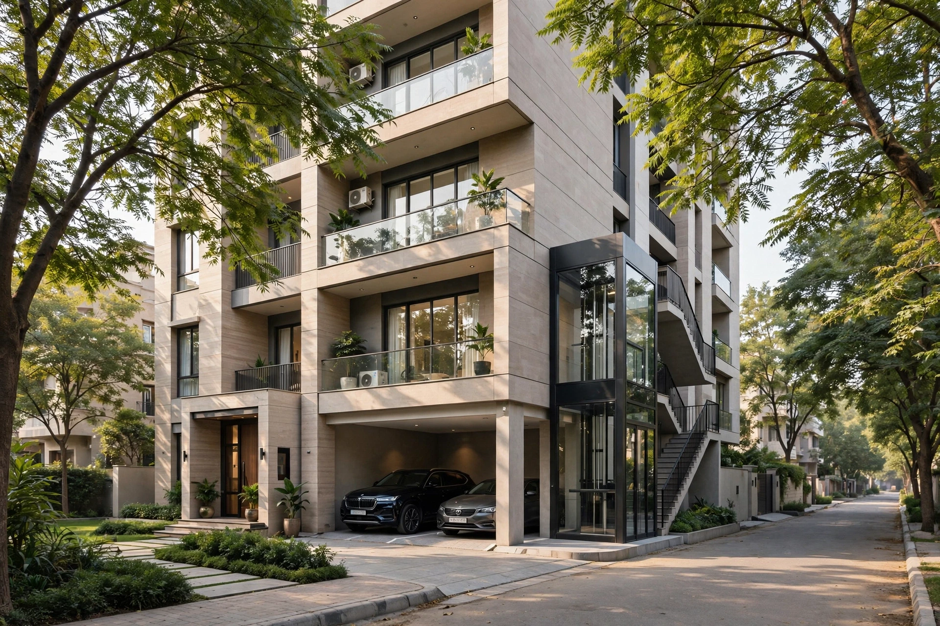Low-rise builder floor on tree-lined Gurgaon lane