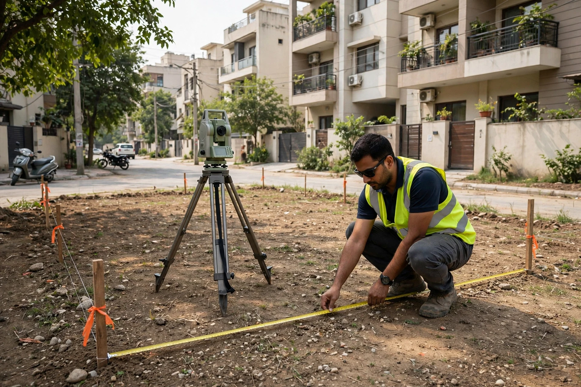 Surveyor measuring builder floor plot in Gurgaon