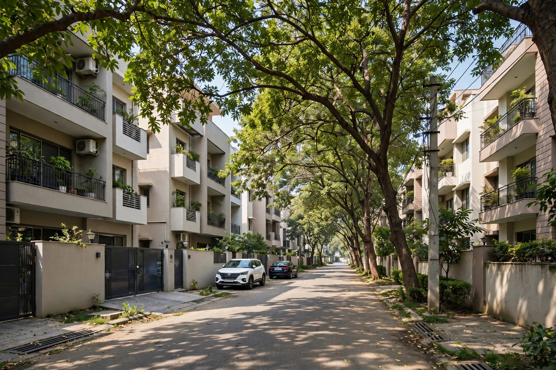 Tree-lined residential lane with builder floors