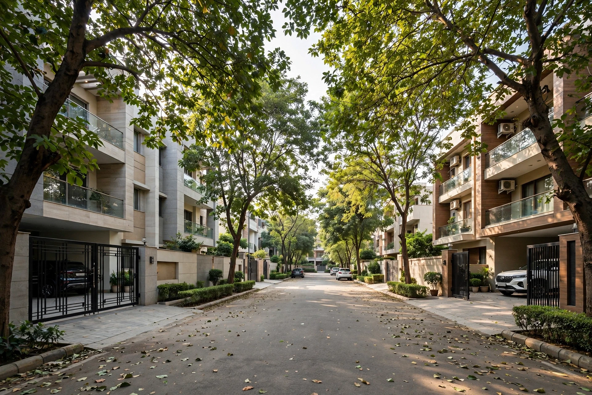 Tree-lined lane with gated low-rise floors