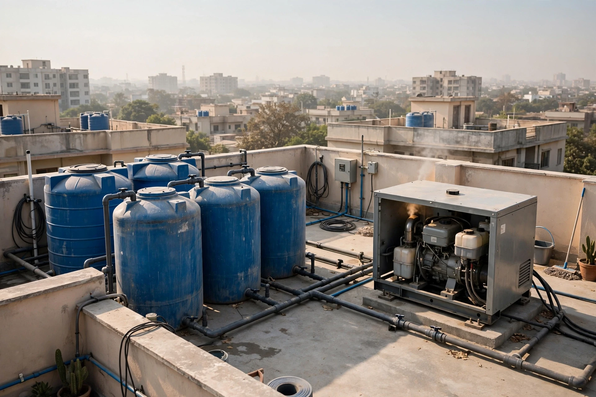 Rooftop water tanks and genset units in summer
