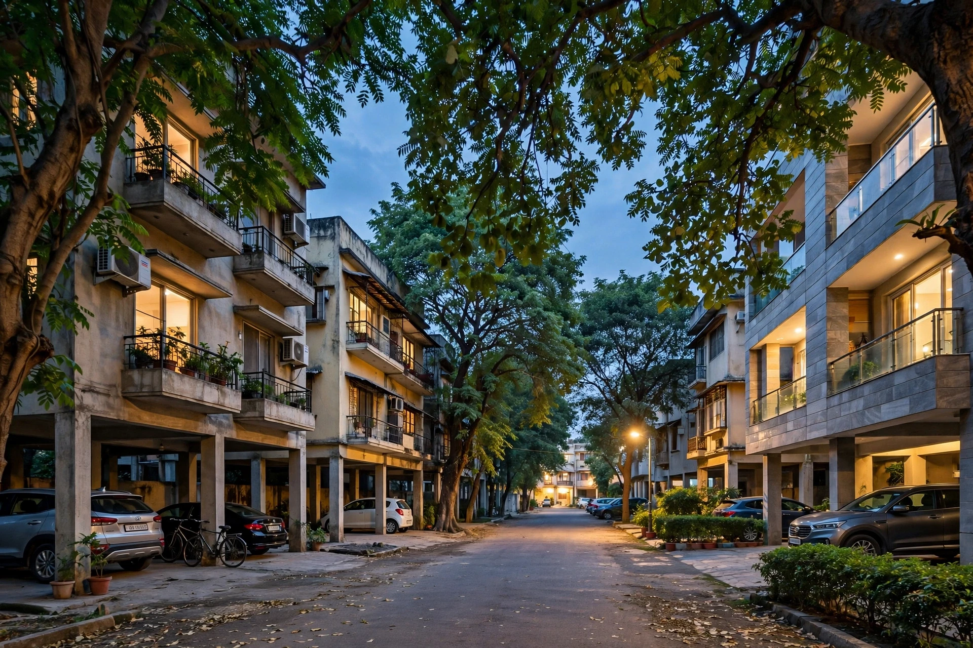 Tree-lined residential lane at dusk in Gurugram