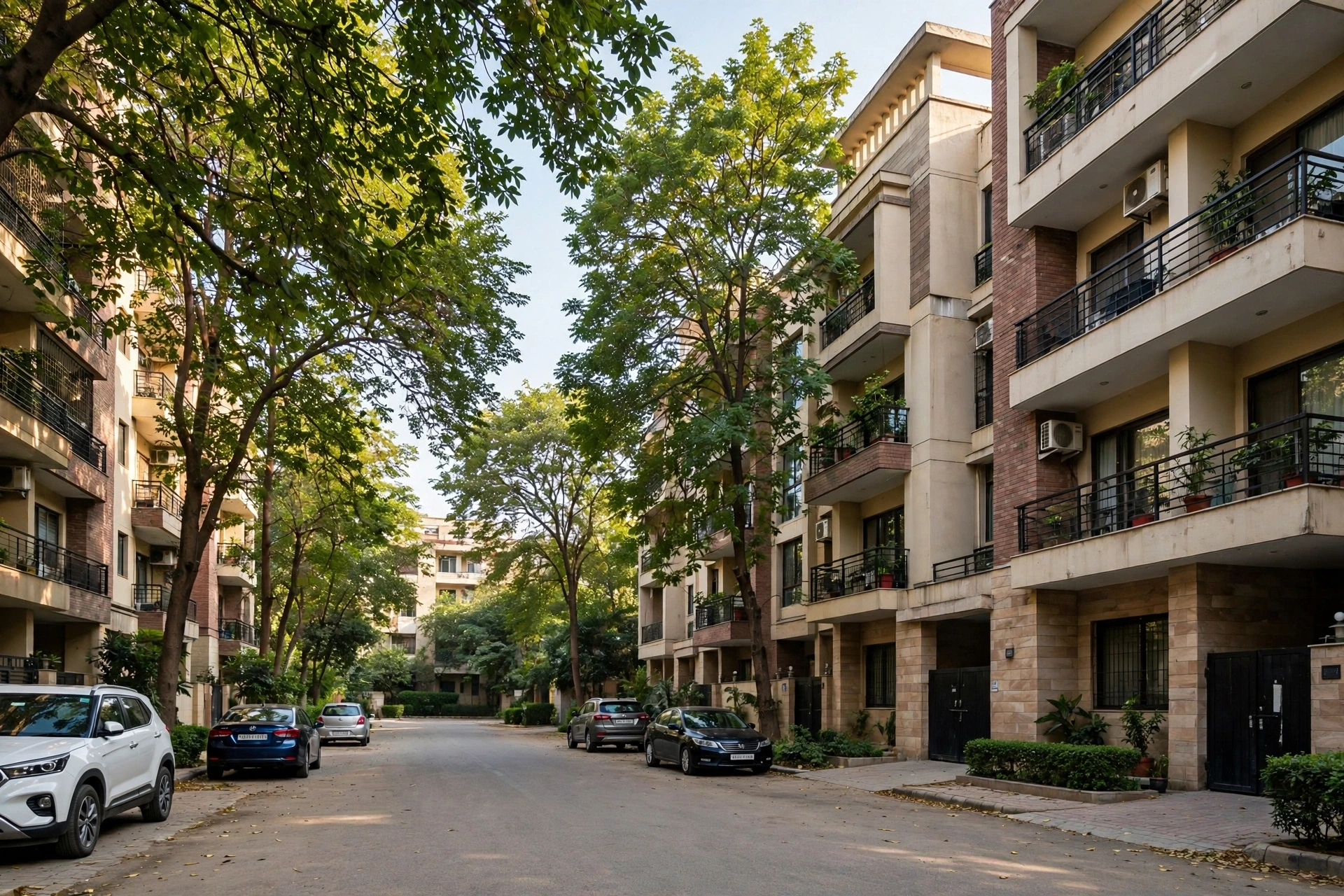 Tree-lined residential lane with parked cars