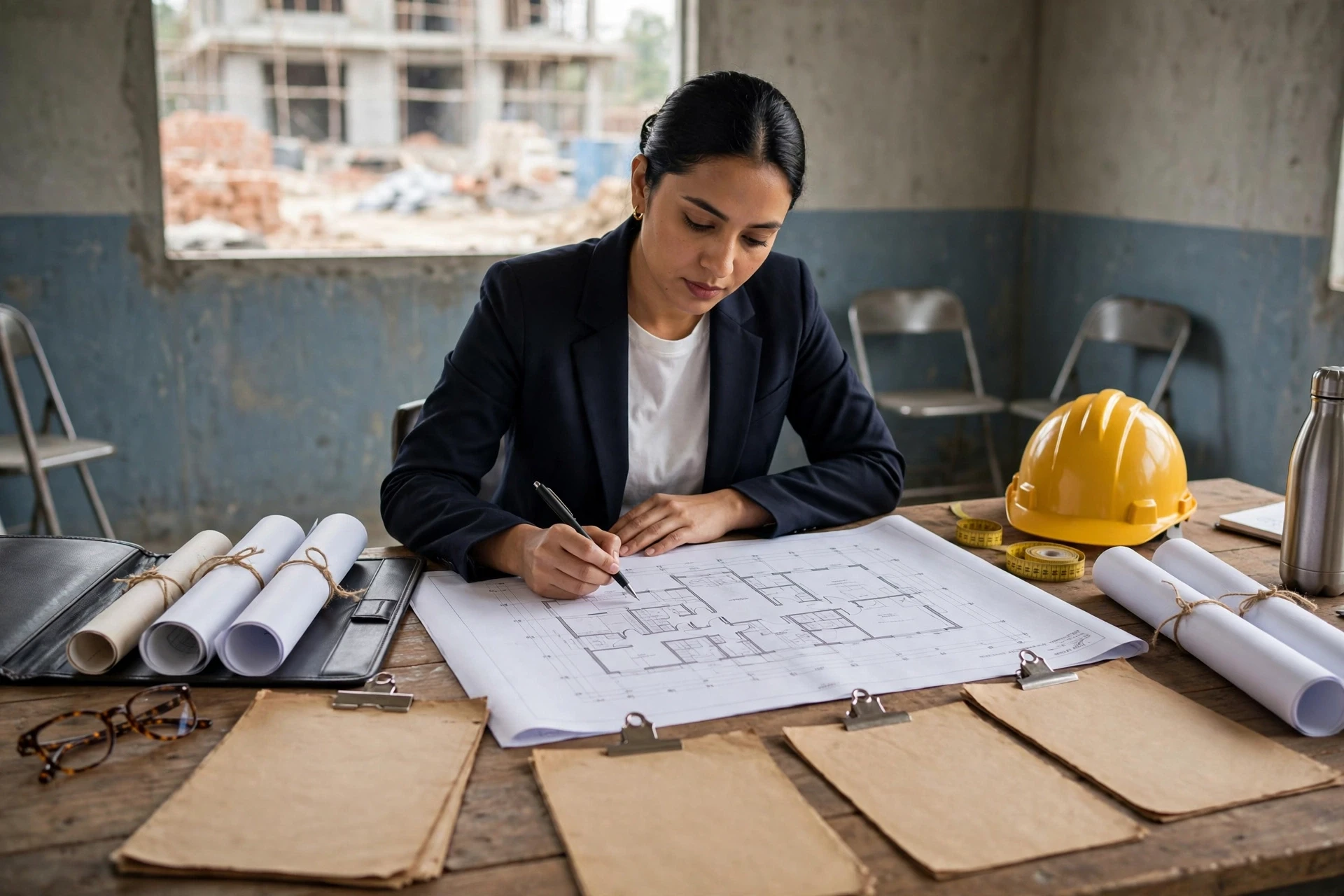 Lawyer reviewing title deeds and building plan