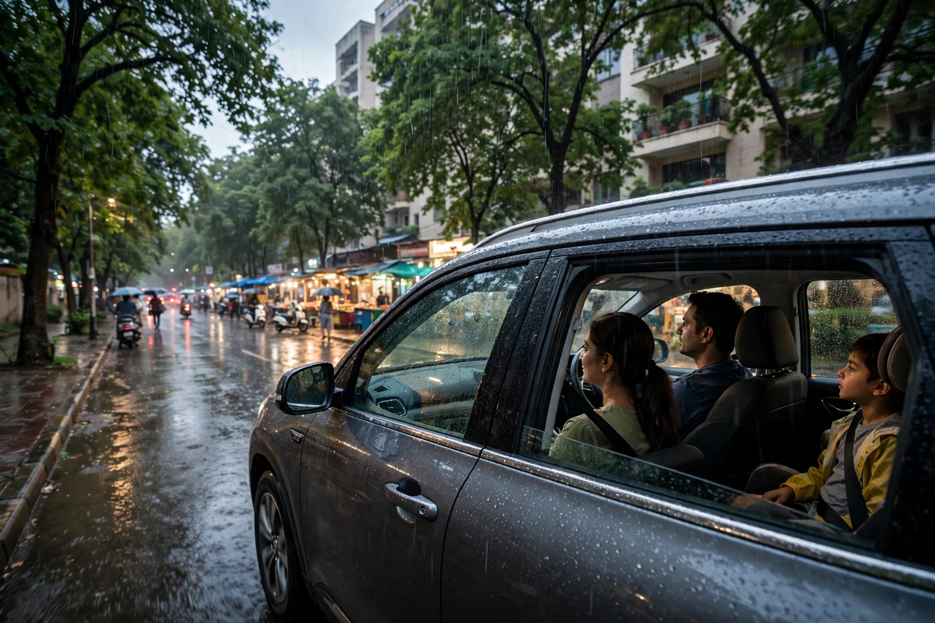 Family car driving tree-lined Gurgaon road at dusk