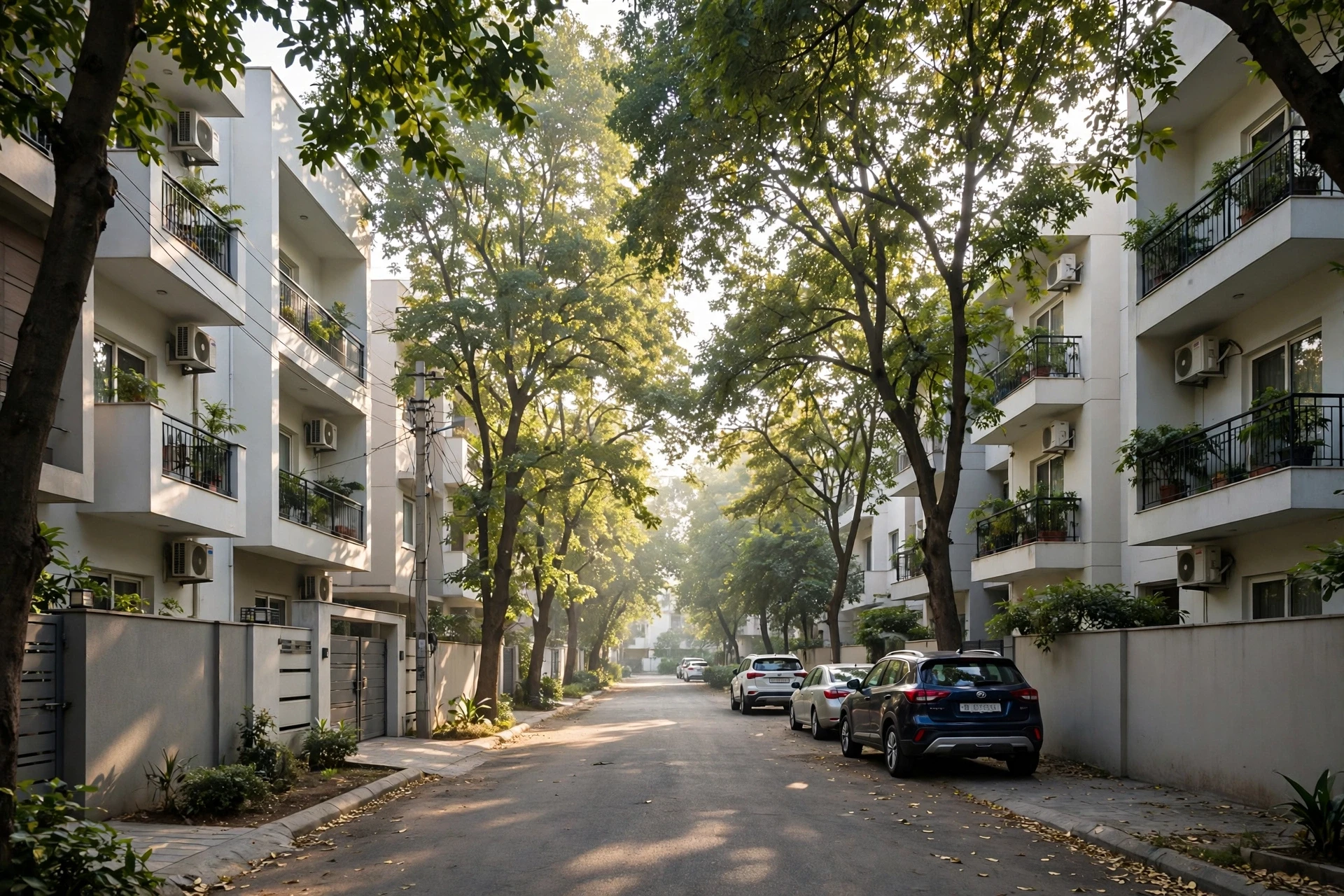 Tree-lined Palam Vihar residential lane in morning light