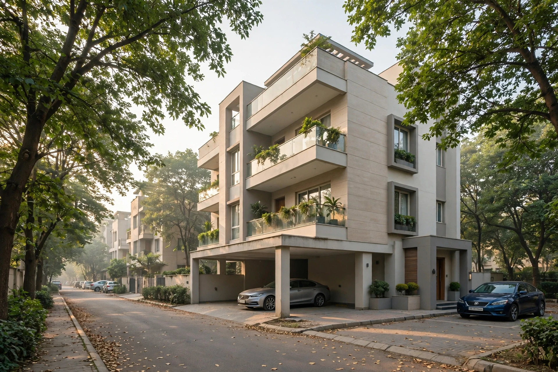 Tree-lined street with parked sedans outside low-rise floor