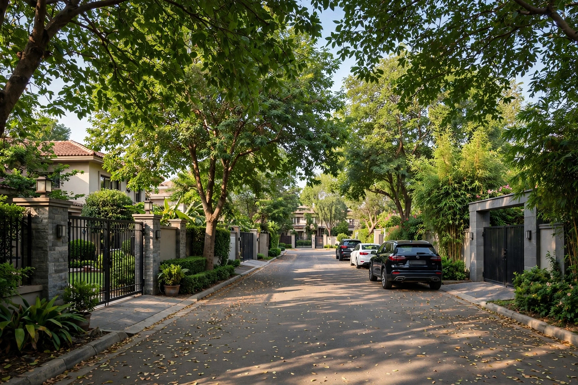Leafy low-rise lanes with gated villa entrances