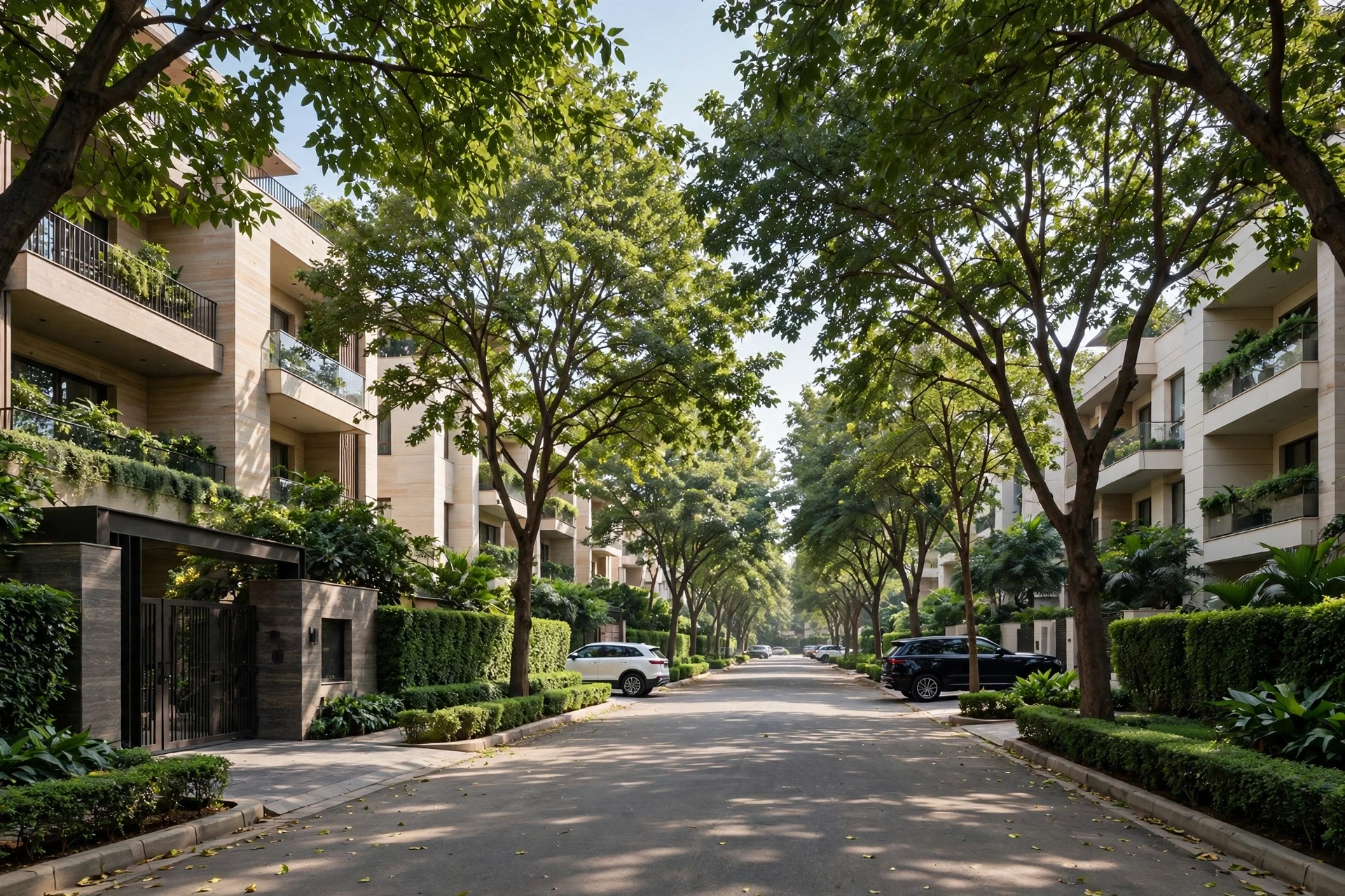 Tree-lined gated street in Greenwood City