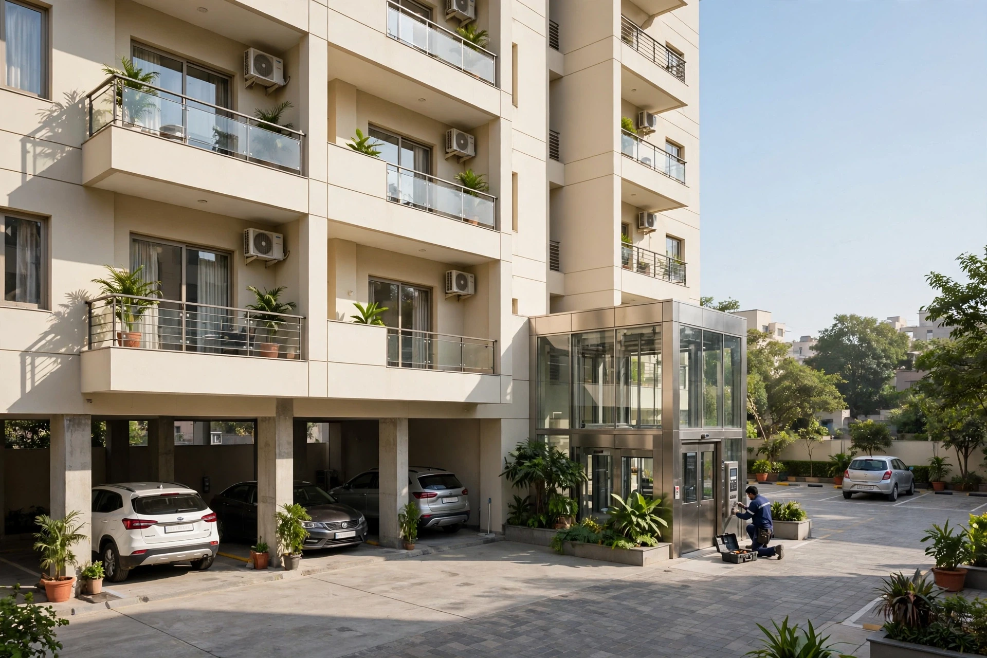 Sunlit builder floor courtyard with stilt parking and lift lobby