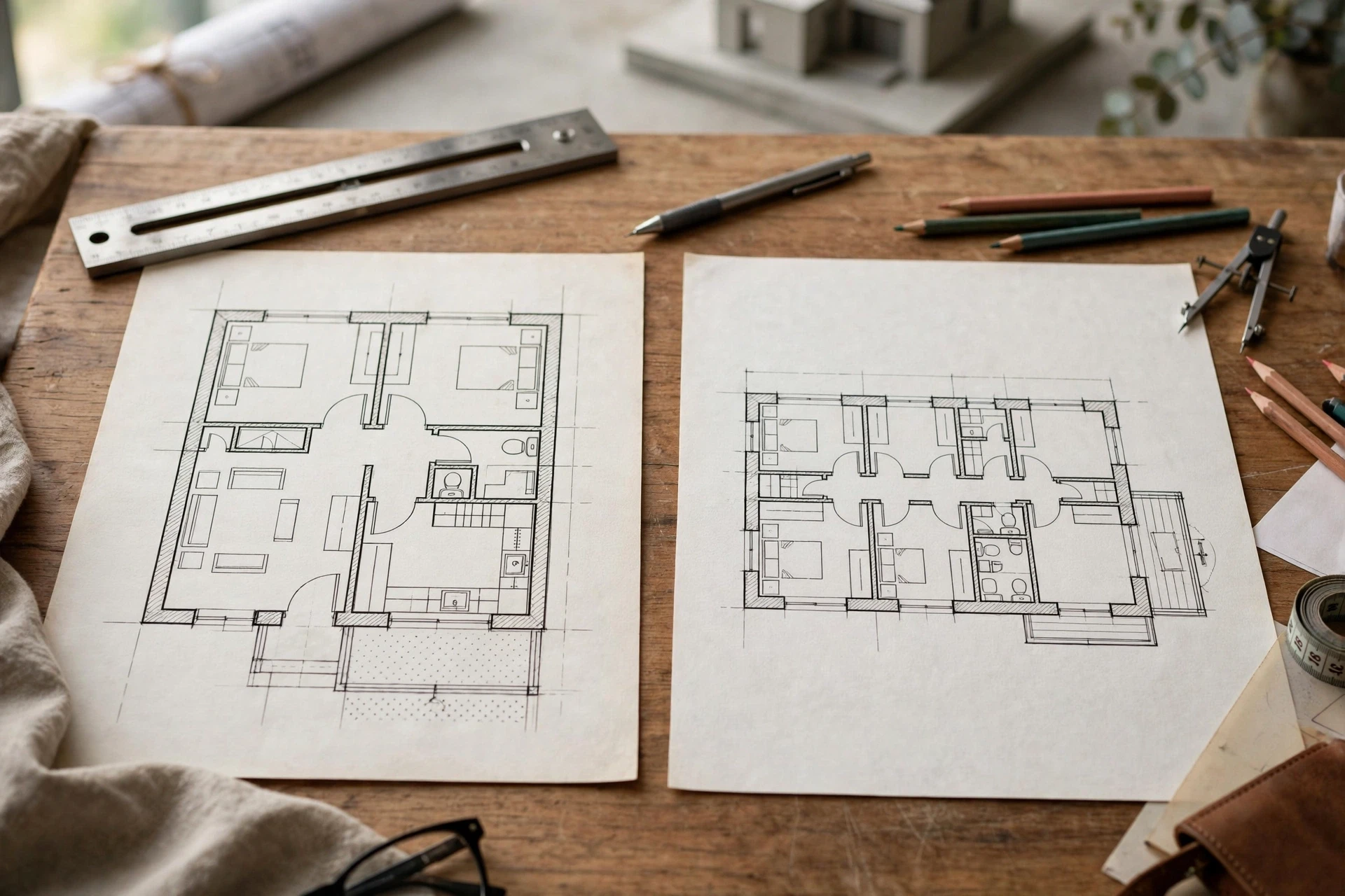 Two floor plans on a wooden desk
