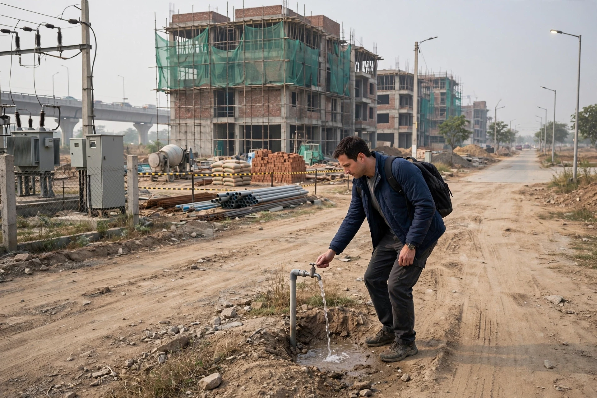 Buyer inspecting water tap on unpaved service road
