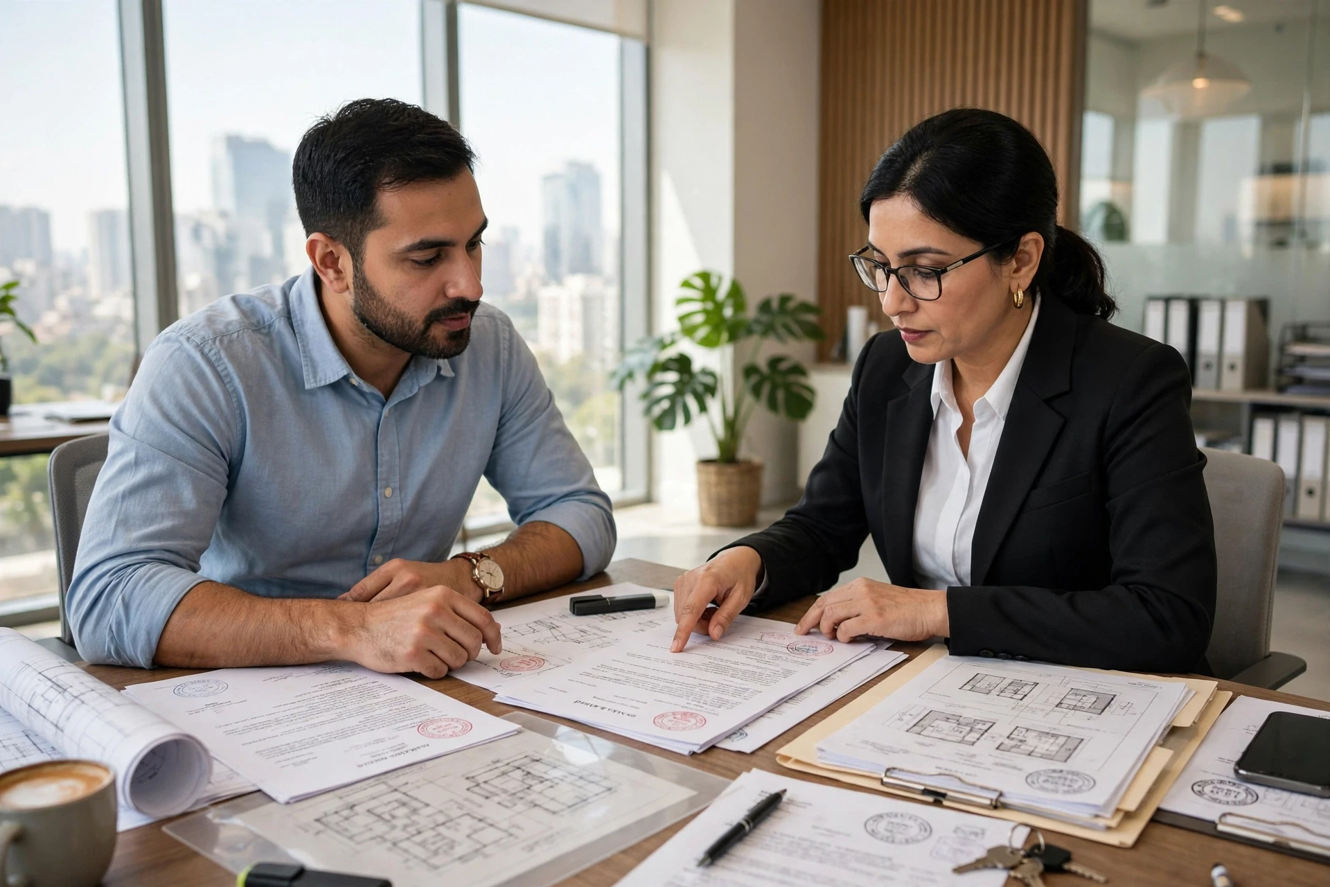Buyer and lawyer reviewing stamped sale deed